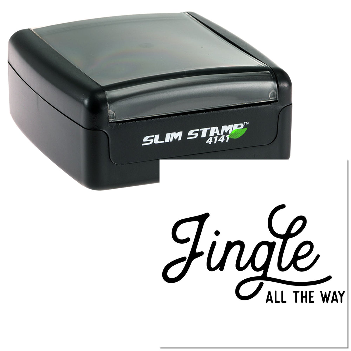 Black self-inking stamp and seal with gray translucent lid, featuring Jungle All the Way design.