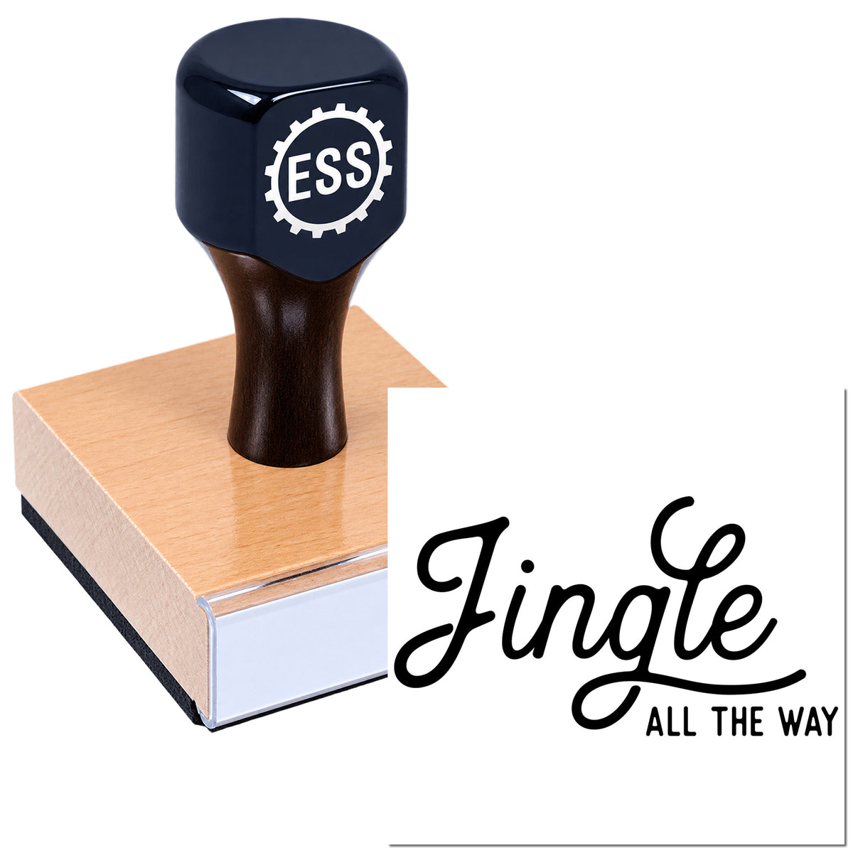 Black ESS stamp and seal on copper-colored block, featuring script text "Jingle all the way."