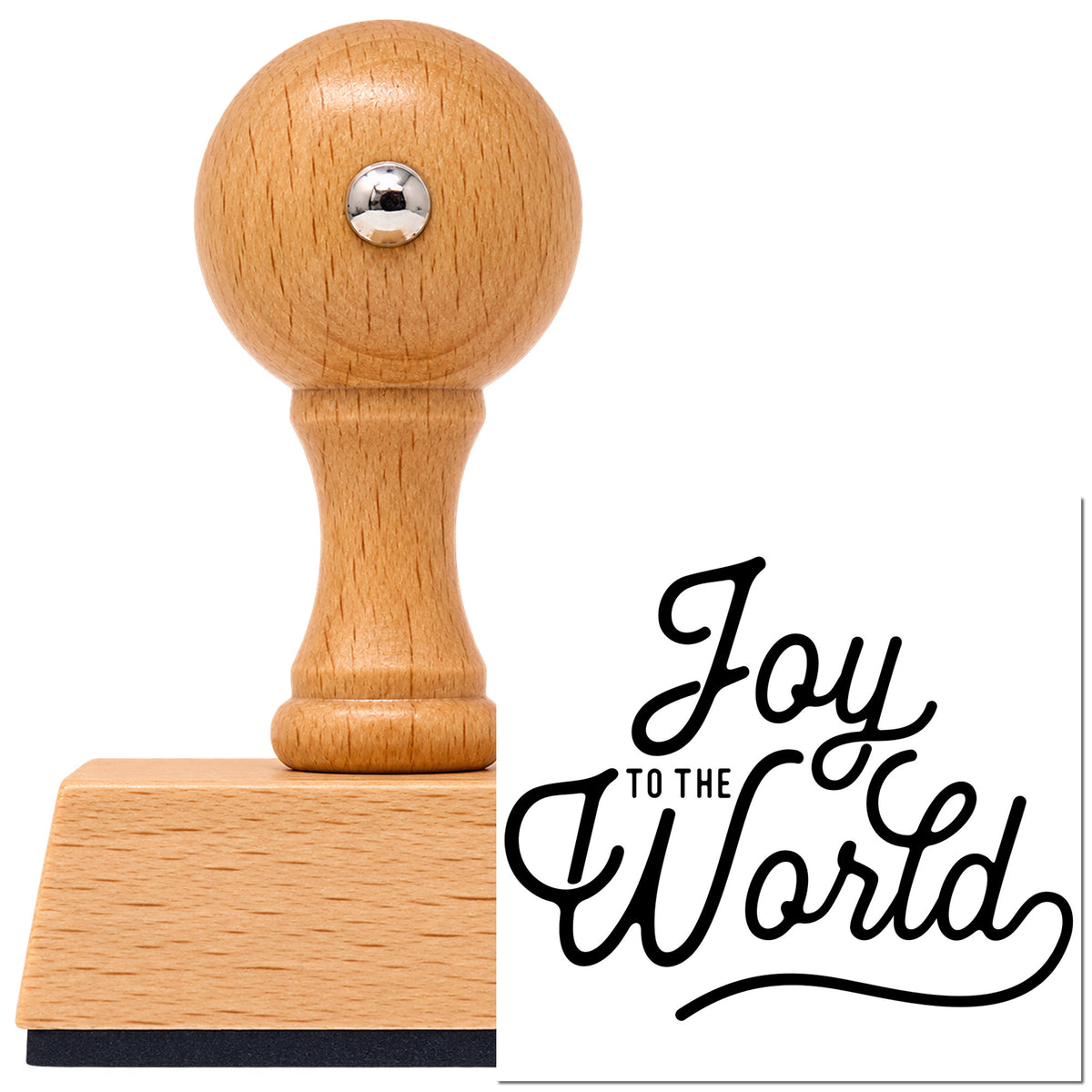Vintage Pro beech wood stamp with a round knob handle, shown with its black Joy To The World Script imprint on white.