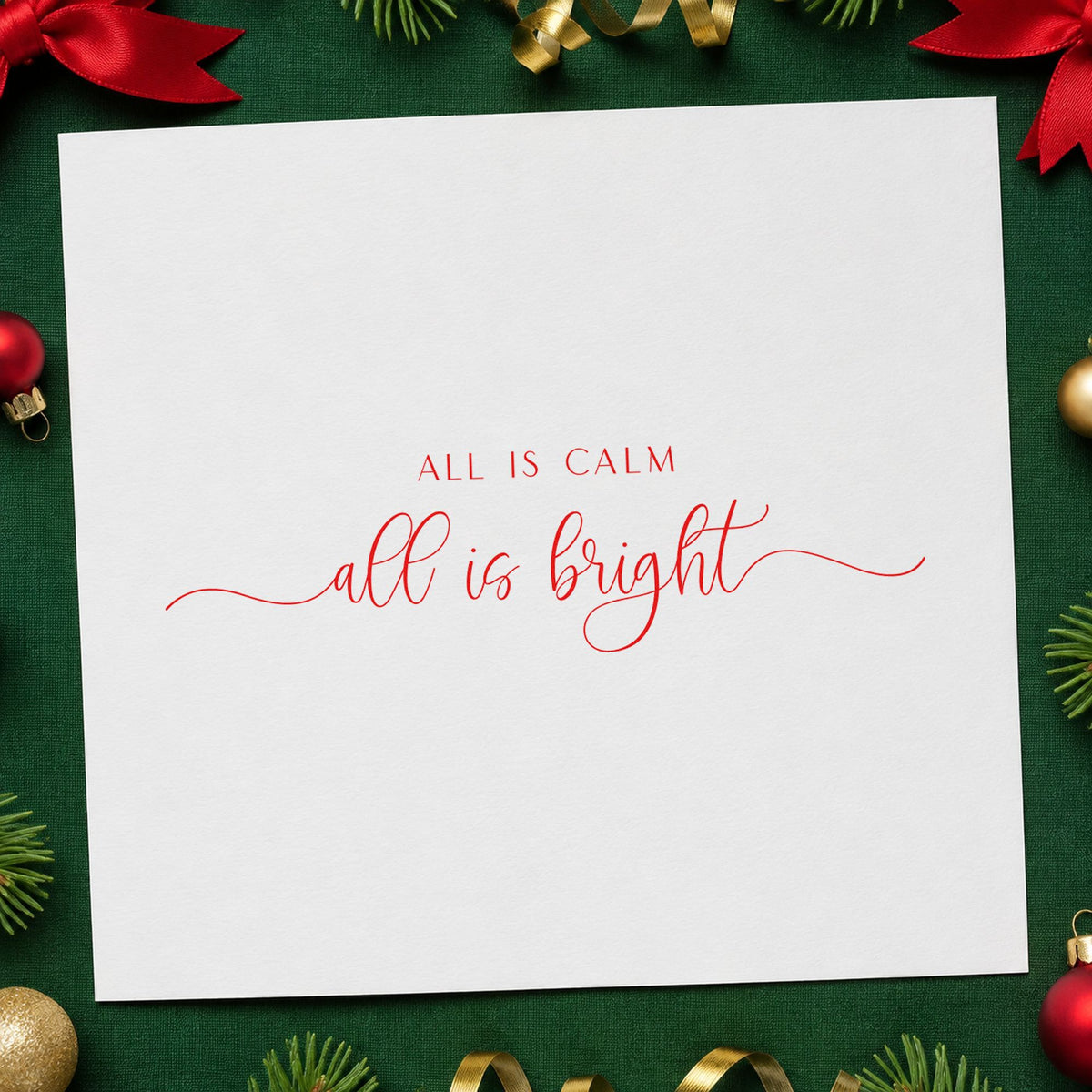 All Calm Bright Fine Script rubber stamp shown in purple ink, stamped for projects such as vial sleeve labels.
