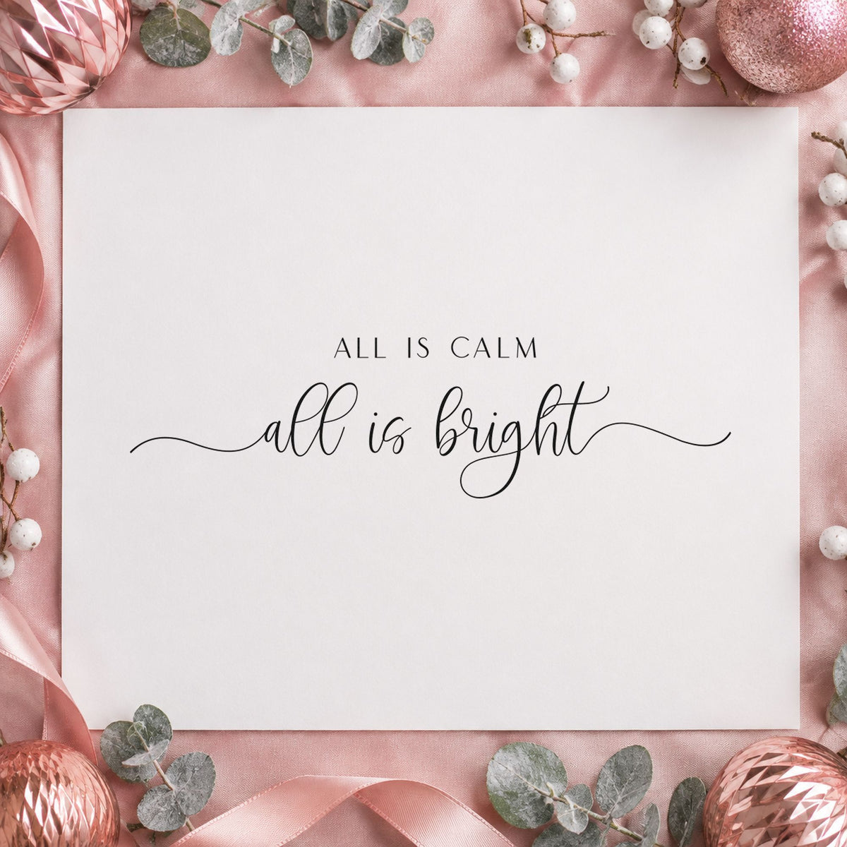 All Calm Bright Fine Script rubber stamp printed in black ink, ready for thin flourish cards and similar paper crafts.