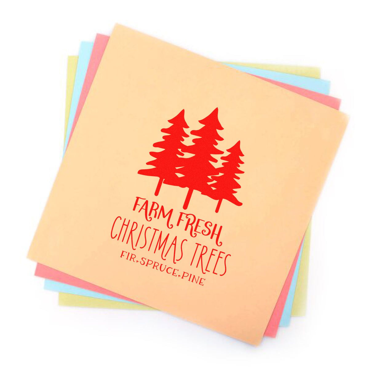 Stacked pastel stamp and seal sheets with red Farm Fresh Christmas Trees logo and pine tree graphic.