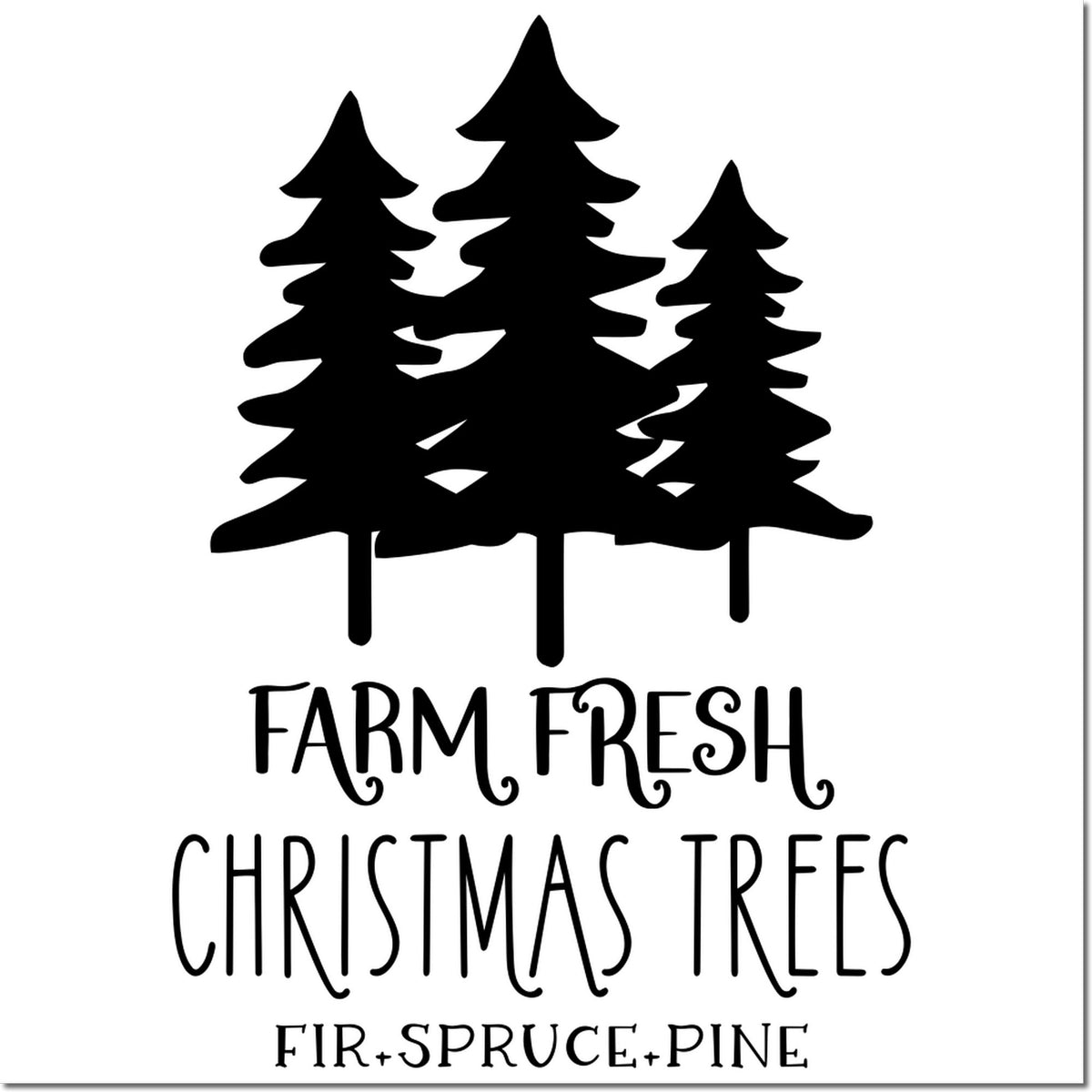 Black farm fresh Christmas trees stamp seal with three pine silhouettes and fir, spruce, pine text on white background.