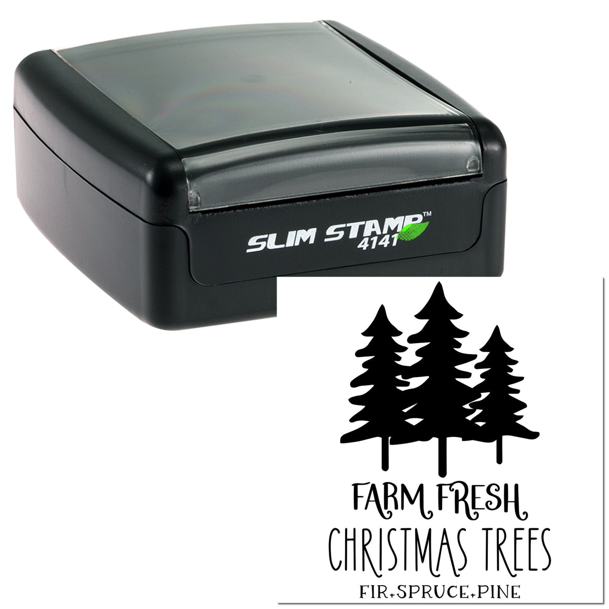 Black self-inking stamp and seal with farmhouse Christmas trees design and Farm Fresh Christmas Trees text in black.