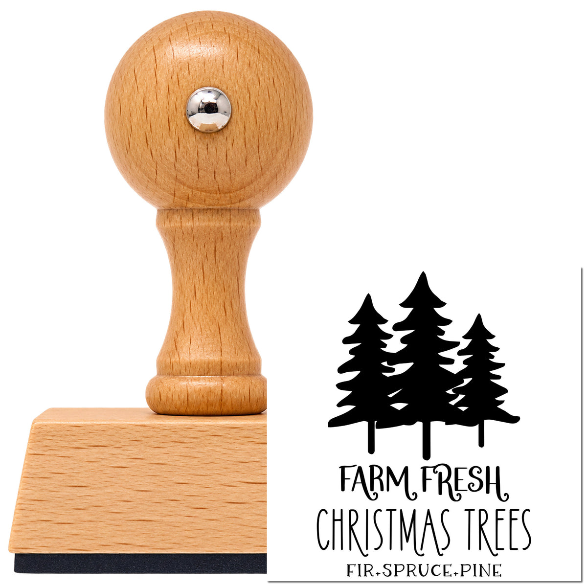 Vintage Pro beech wood stamp with a round knob handle, shown with its black Farm Fresh Three Pine Trees imprint on white.