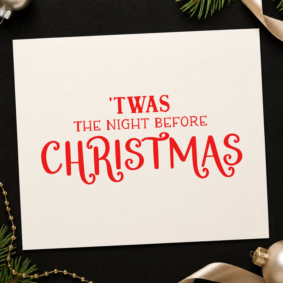 Twas The Night Before Christmas craft stamp in red ink on cardstock, an easy option for quilt block printing.