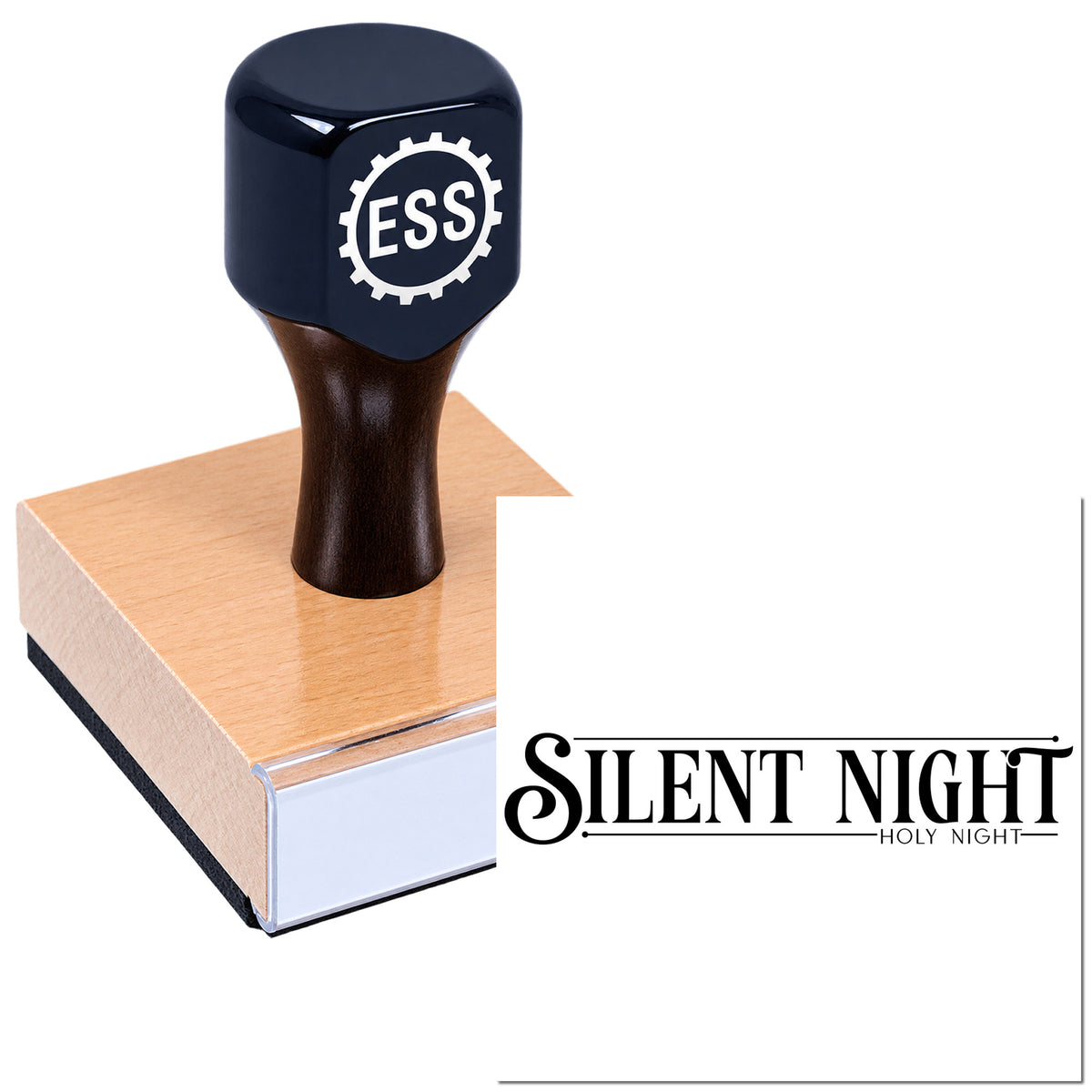 Dark navy ESS stamp and seal on a pink wooden block with "Silent Night Holy Night" text.