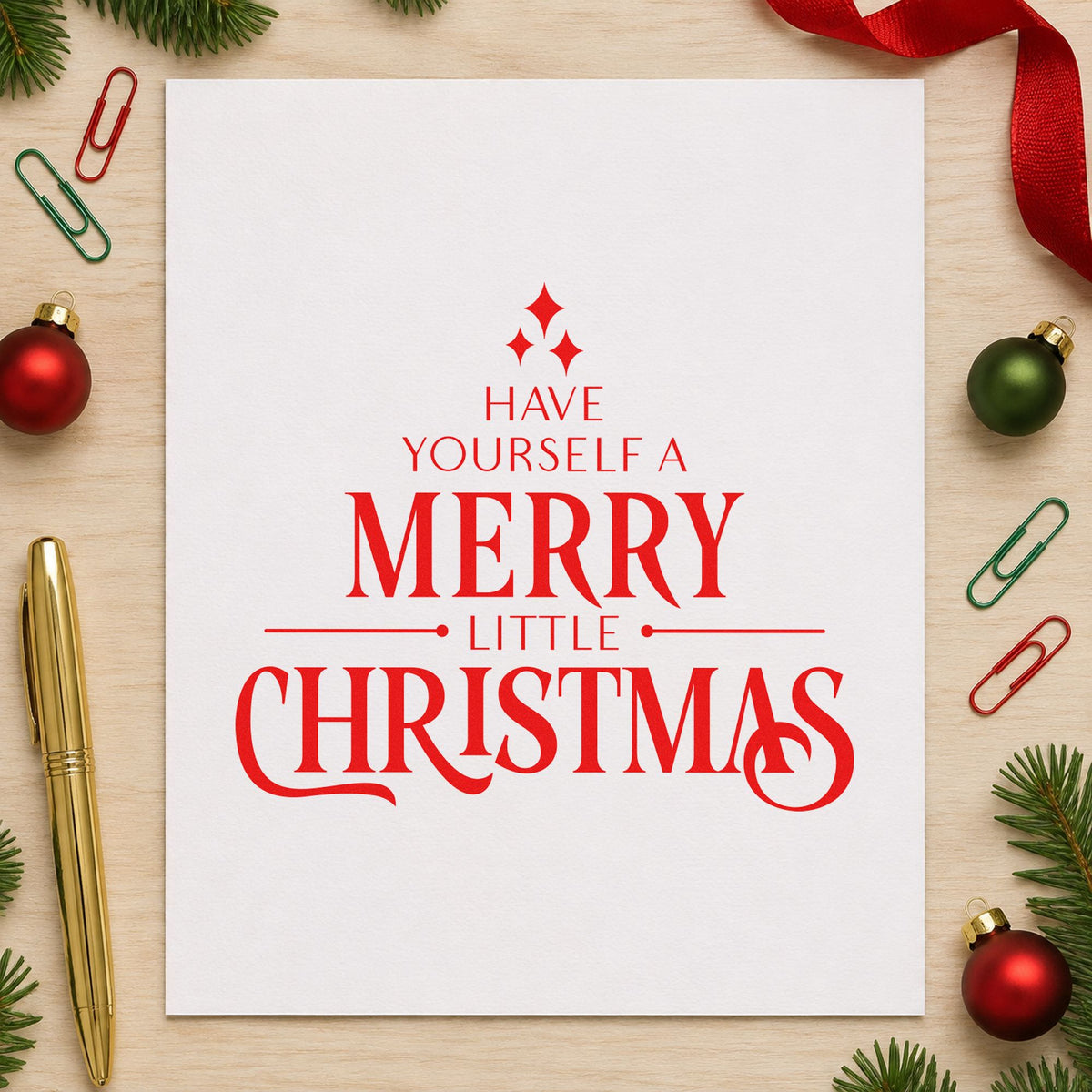 Have Yourself Merry Little Christmas craft stamp in red ink on cardstock, an easy option for cushion block printing.