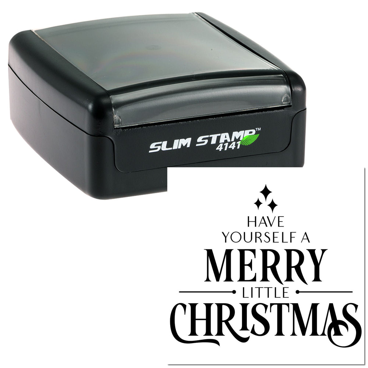 Black Slim Stamp 4141 self-inking stamp and seal with gray lid, showing Have Yourself a Merry Little Christmas imprint.