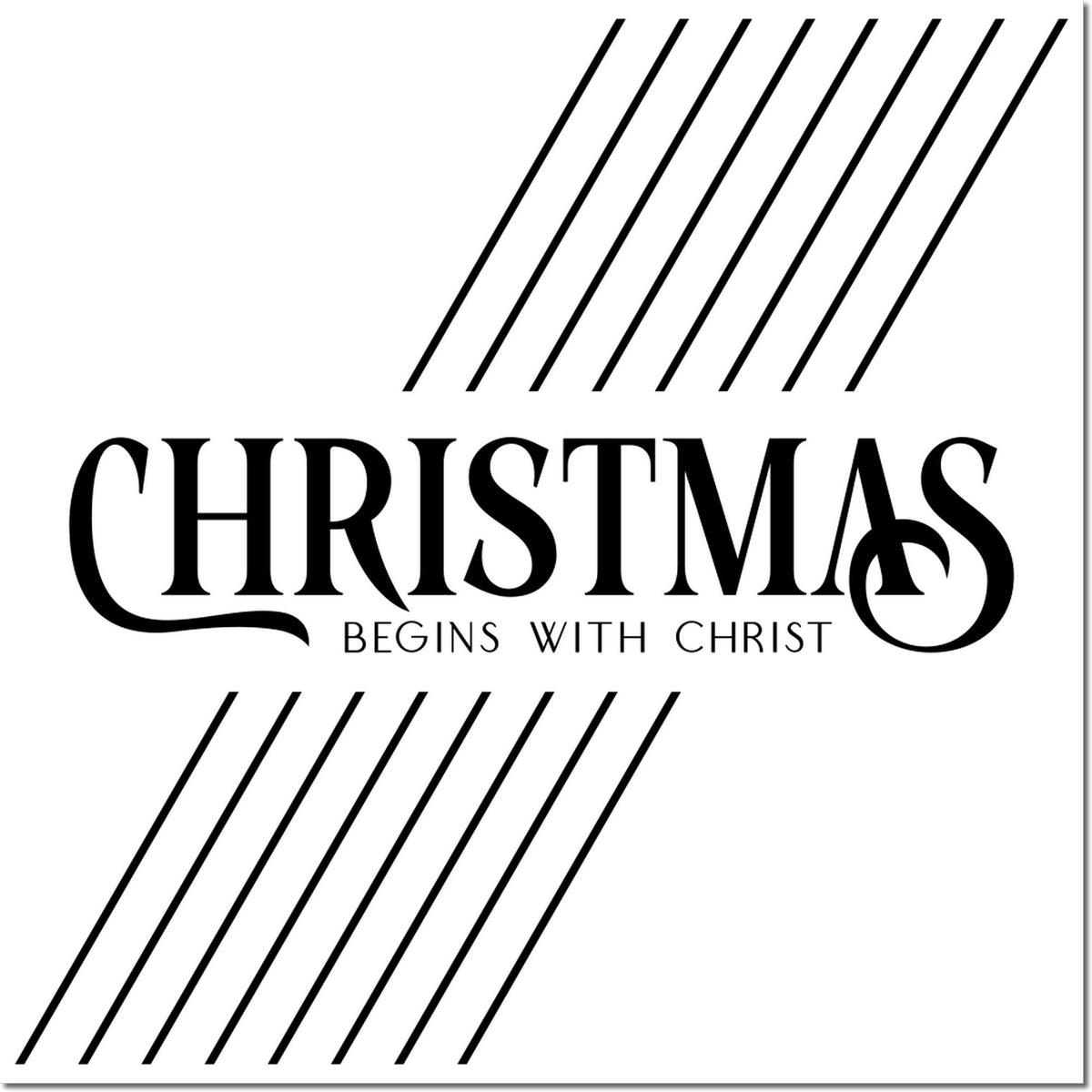 Black Christmas stamp and seal design on white, with diagonal stripes and text: Christmas begins with Christ.
