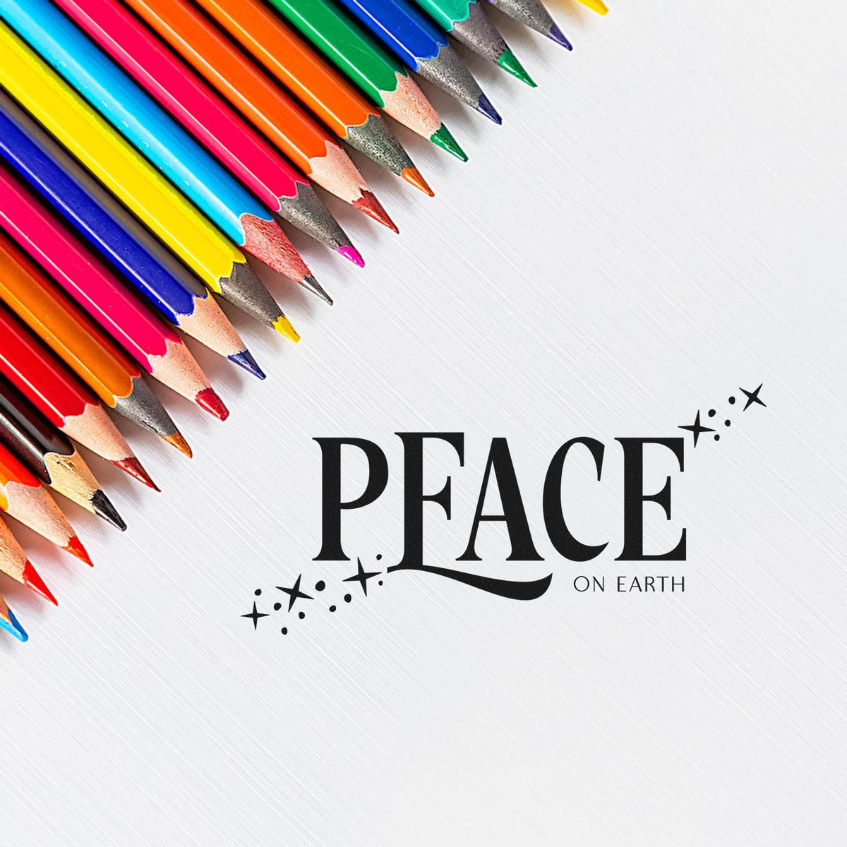 Colorful pencils framing a black Peace on Earth stamp and seal design with stars on a white background.