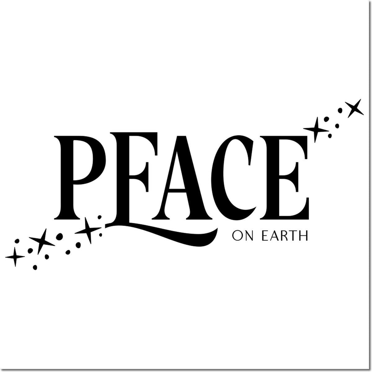 Black PEACE ON EARTH decorative stamp with stars and dots on a white background.