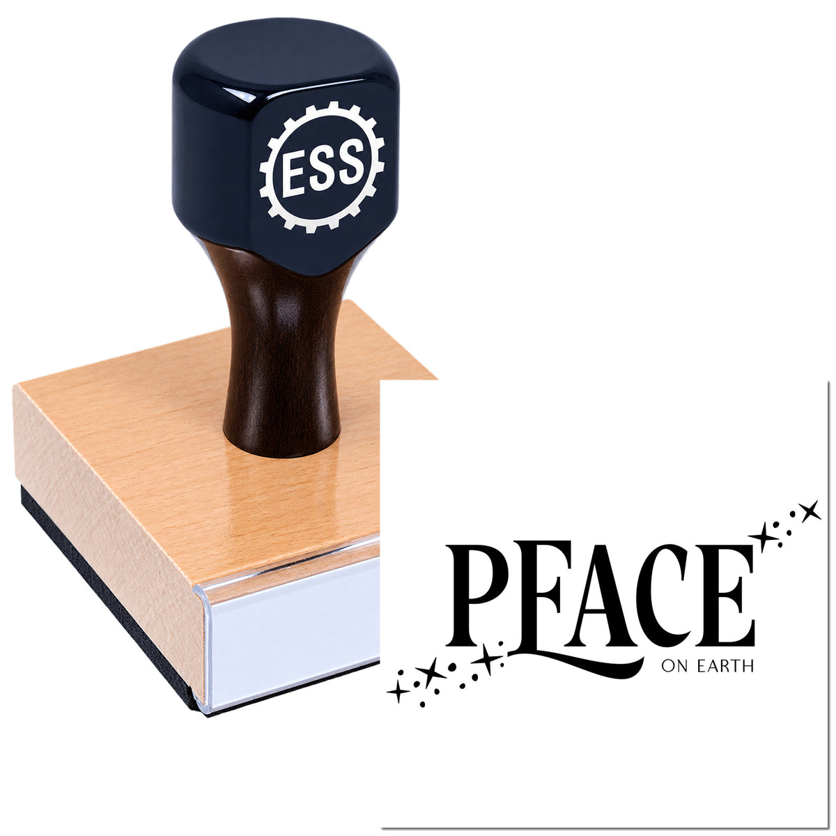 Black ESS rubber stamp on a wooden block beside a Peace on Earth seal on a white background
