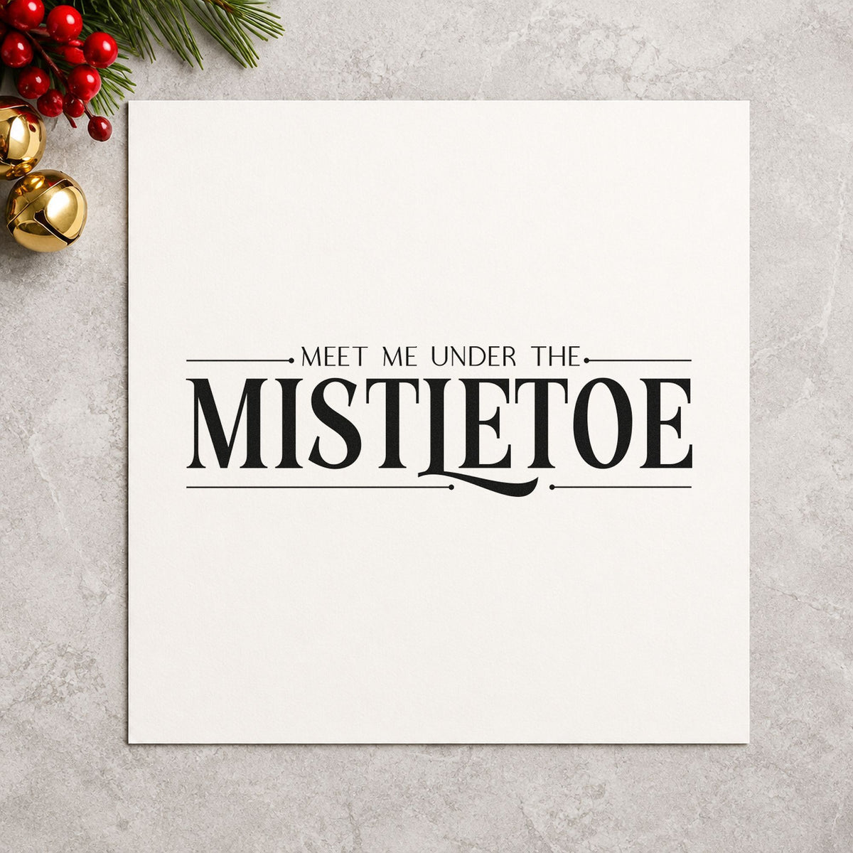 Meet Me Under The Mistletoe craft stamp imprint in black ink on a handmade project, one idea being matched gift tags.