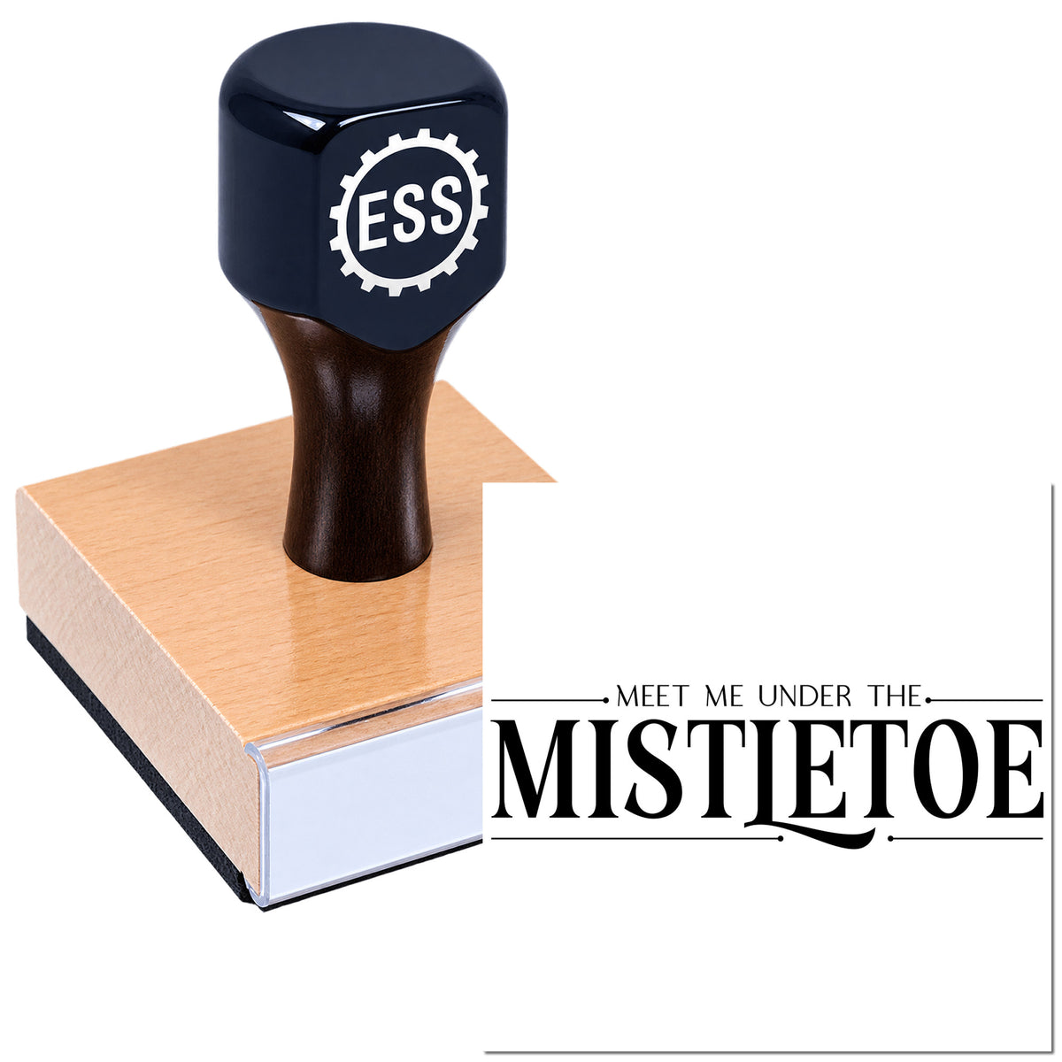 Black ESS stamp and seal press on copper-colored block with "Meet Me Under the Mistletoe" text.