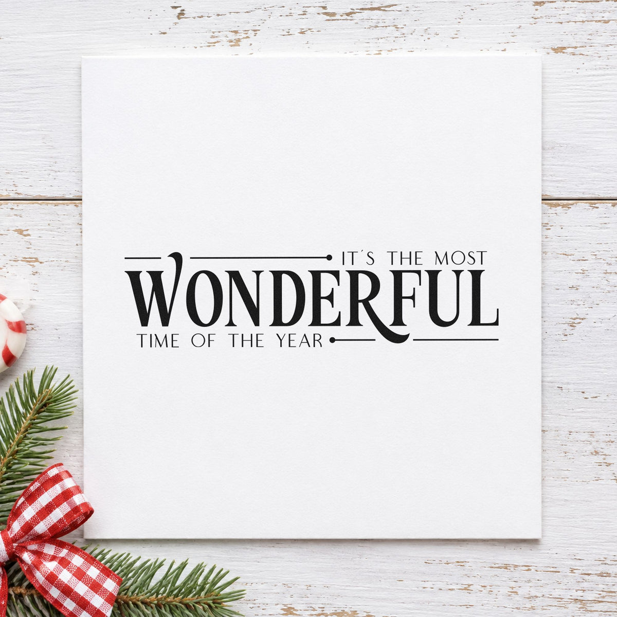 Most Wonderful Time Of Year craft stamp imprint in black ink on a handmade project, one idea being feature price tags.