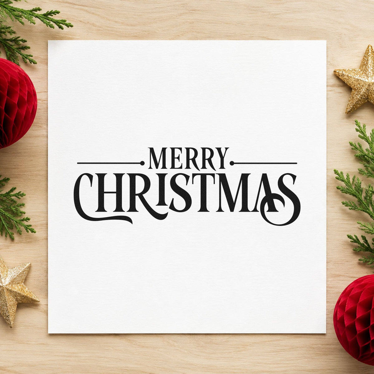 Merry Christmas Decorative Serif rubber stamp printed in black ink, ready for run record sheet and similar paper crafts.