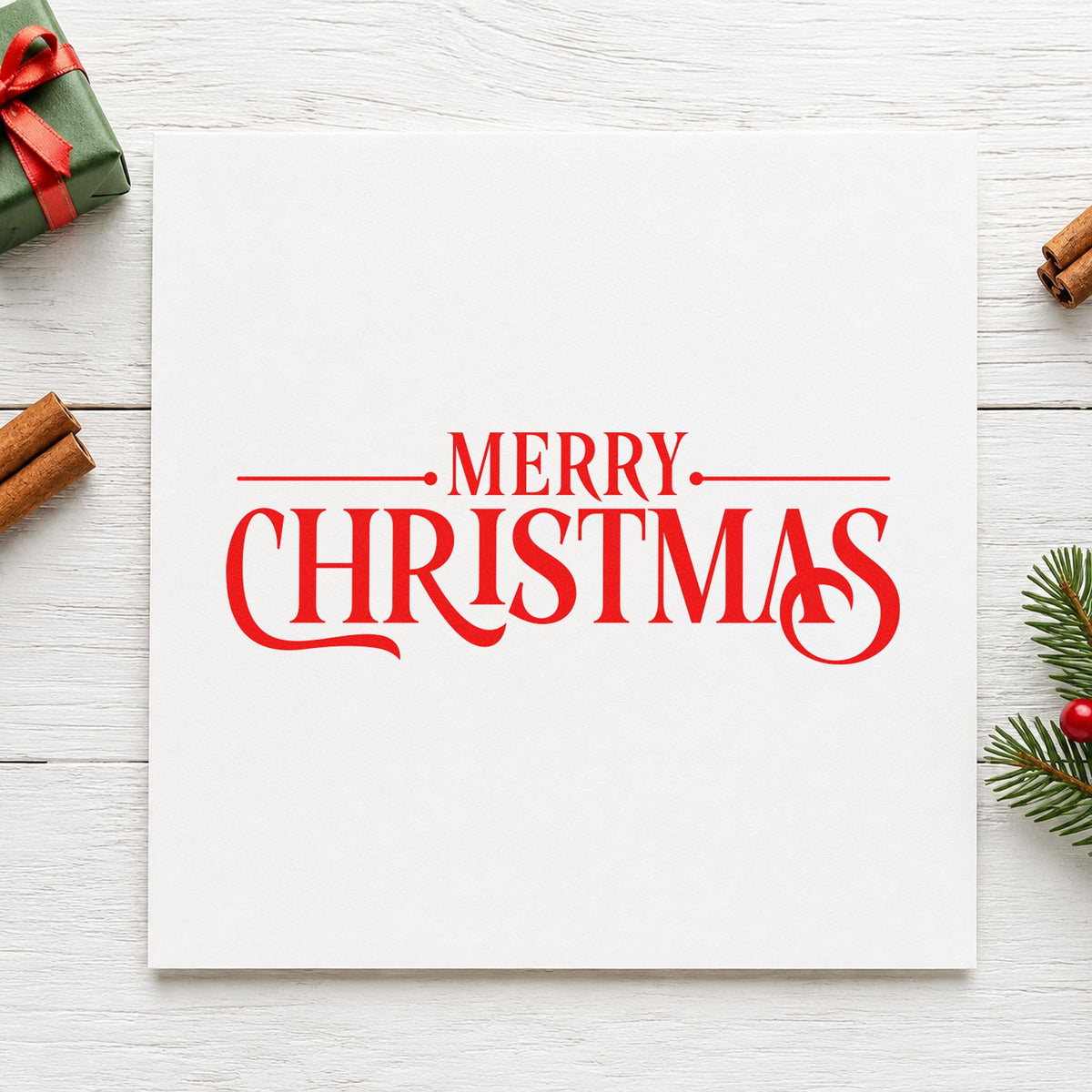 Merry Christmas Decorative Serif craft stamp in red ink on cardstock, an easy option for press apron printing.