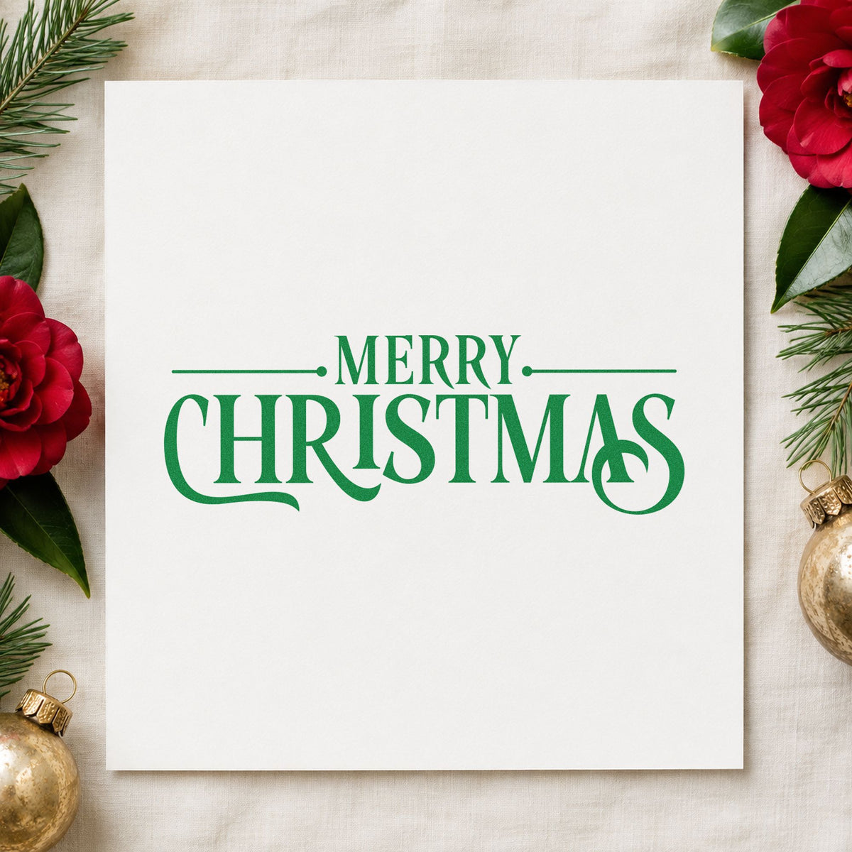 Merry Christmas Decorative Serif craft stamp imprinted in green ink on paper, a design suited to framed shop window.