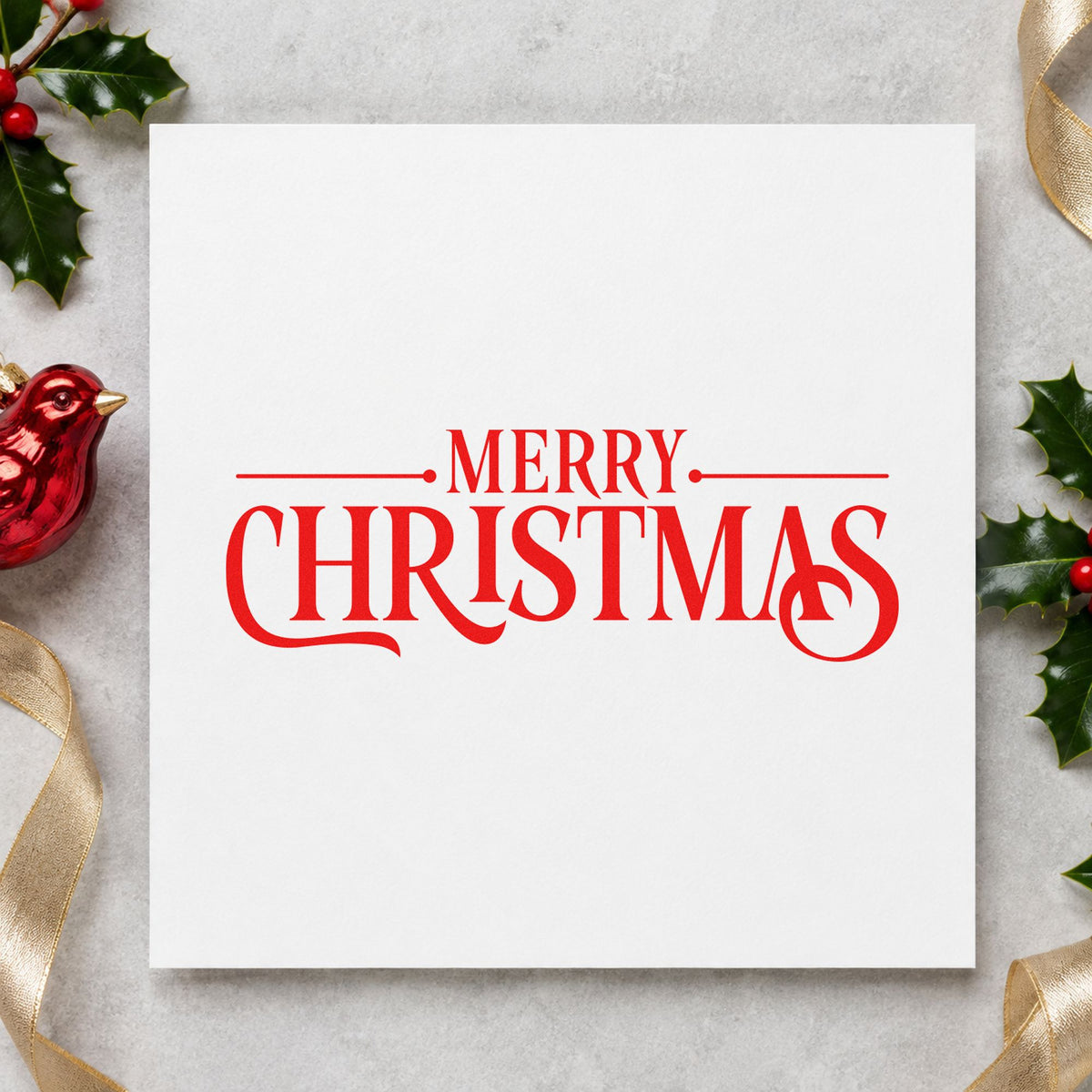 Merry Christmas Decorative Serif rubber stamp shown in red ink, stamped for projects such as paper ream labels.