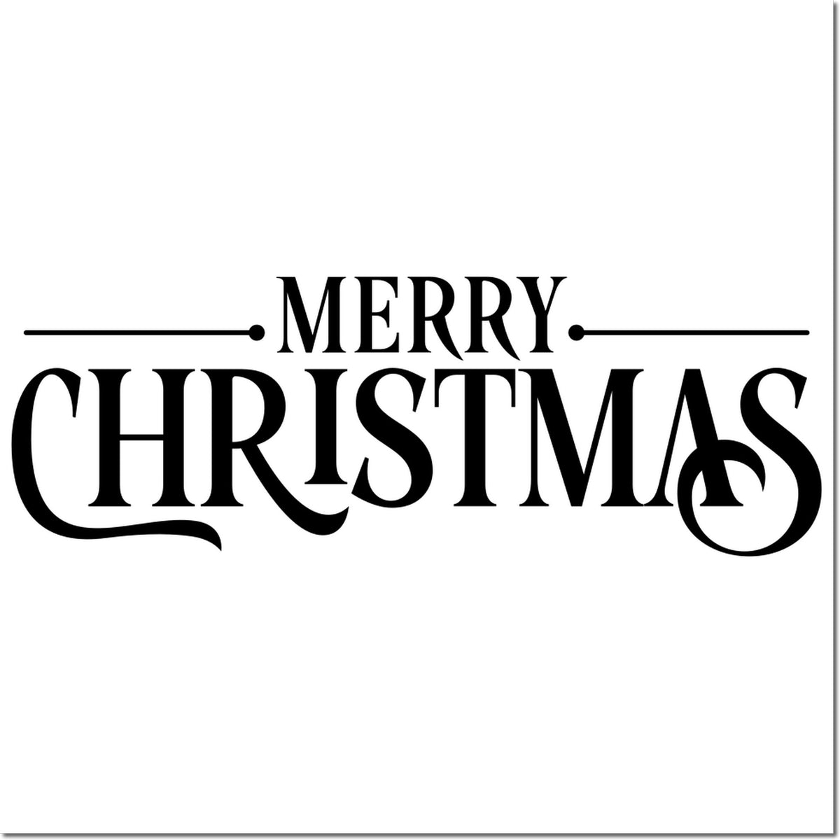 Black Merry Christmas stamp seal in elegant serif type with horizontal lines and dots on a white background.