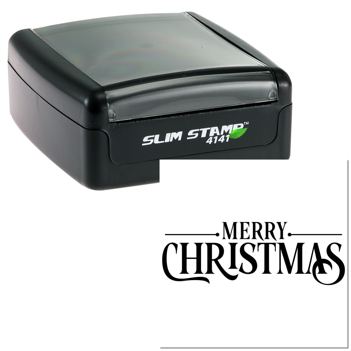 Black slim self-inking stamp with Merry Christmas seal imprint on white background