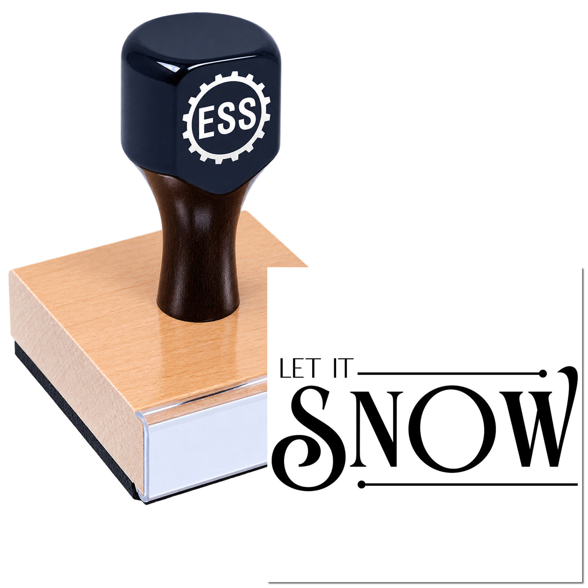 Black ESS stamp and seal with copper base, showing bold "Let It Snow" lettering on a clean white background.