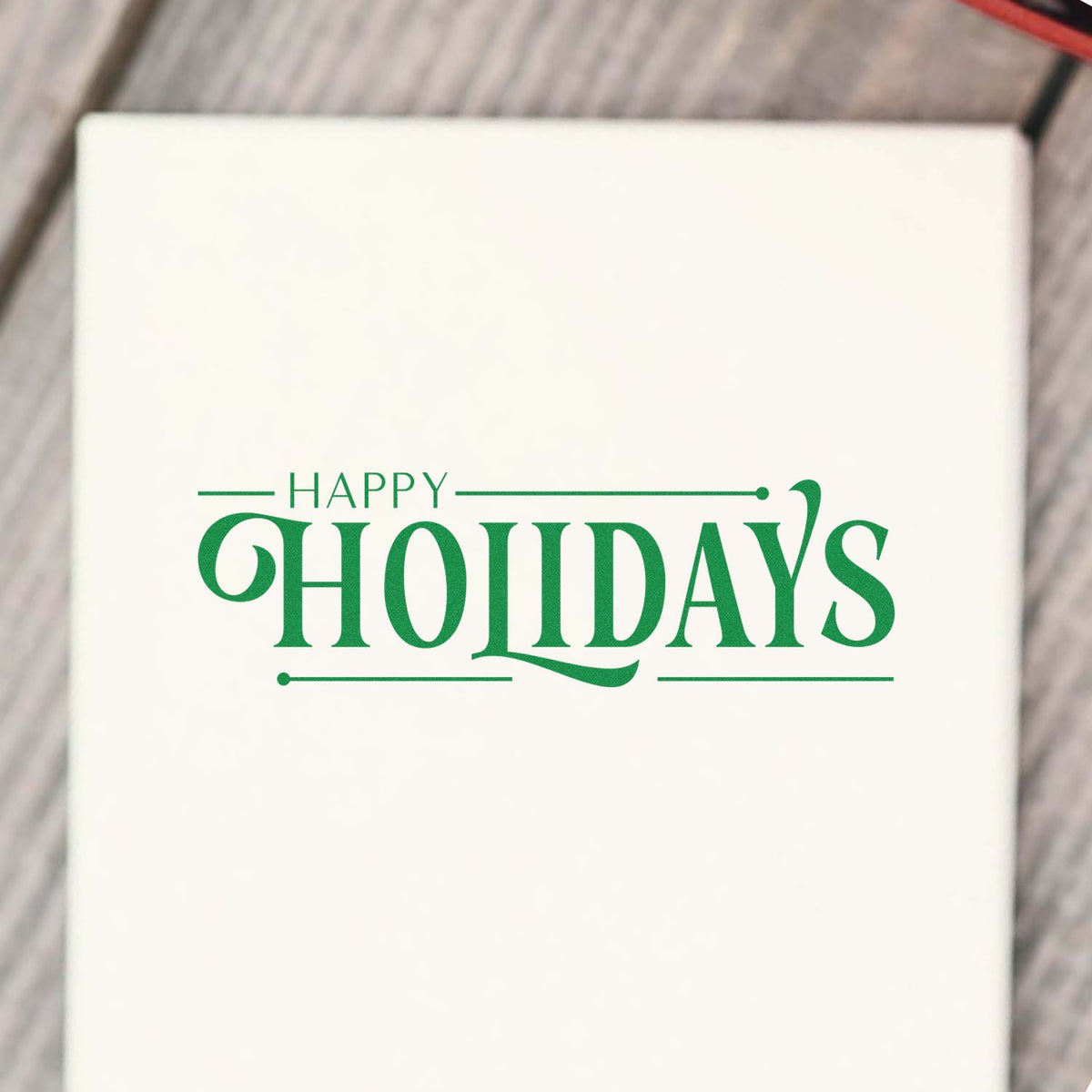 Green Happy Holidays stamp and seal design in green on a white background