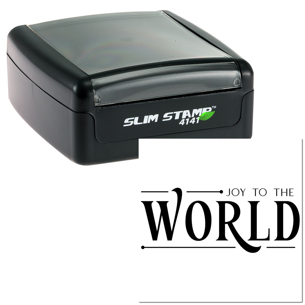 Black slim self-inking stamp and seal with clear lid, showing Joy to the World in elegant black lettering.