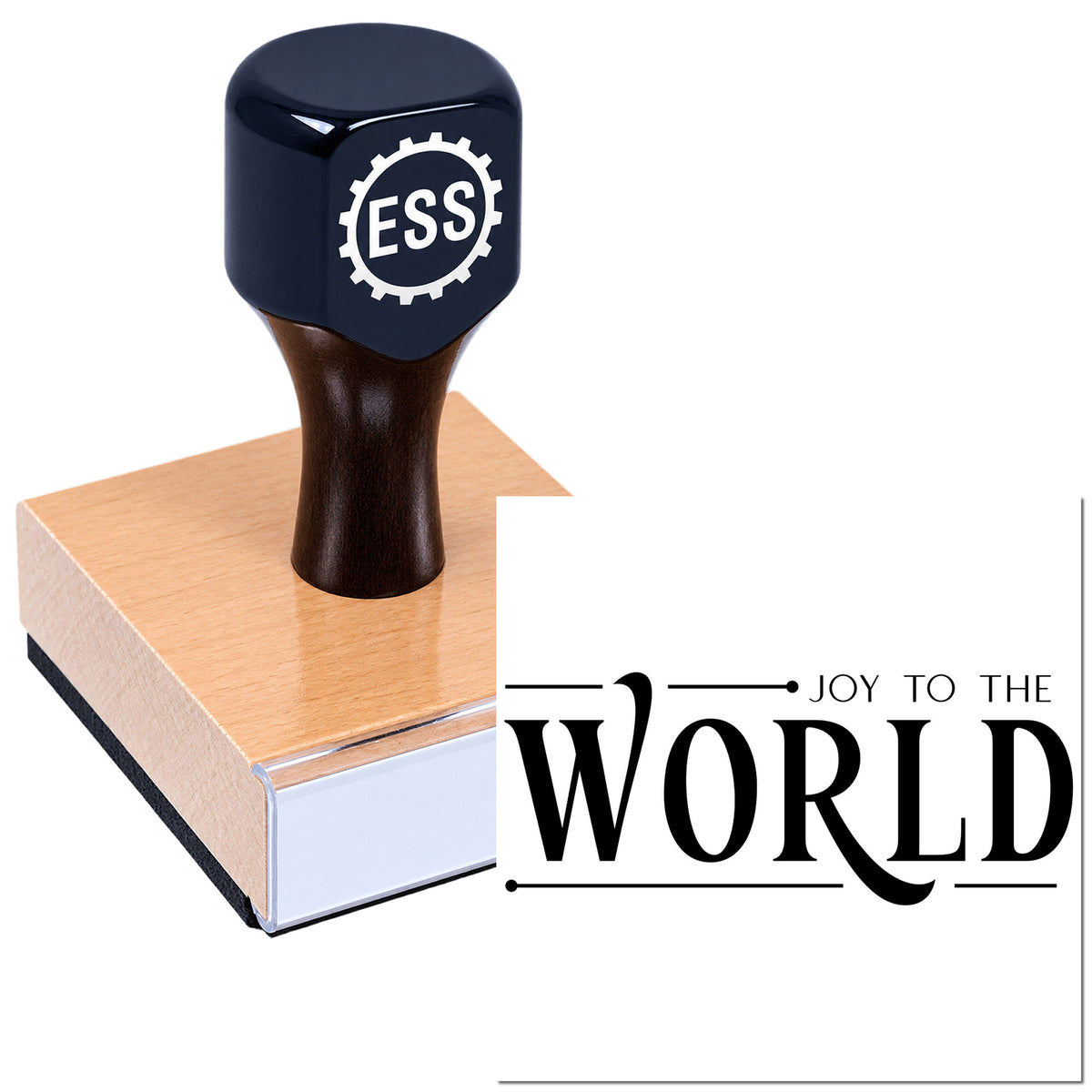 Black ESS rubber stamp on wooden seal block beside "Joy to the World" seal design on white background.