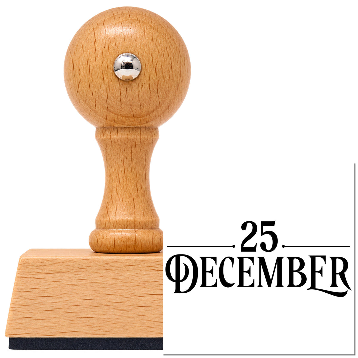 Vintage Pro beech wood stamp with a round knob handle, shown with its black Twenty Five December Lettering imprint on white.