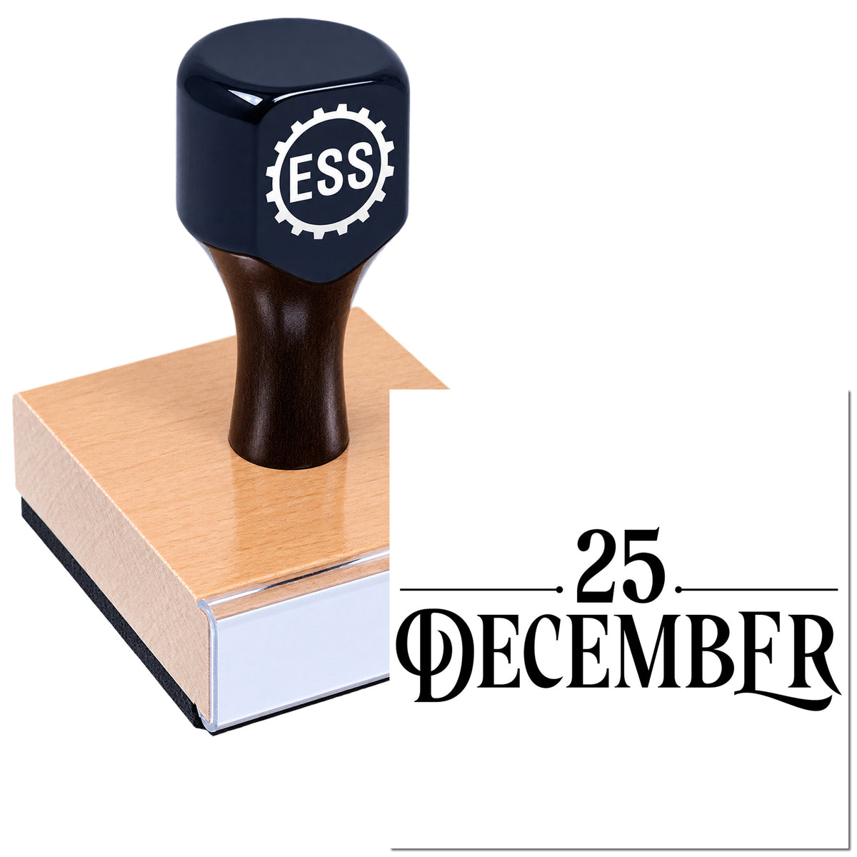 Navy blue ESS stamp seal on copper base with black 25 December date imprint