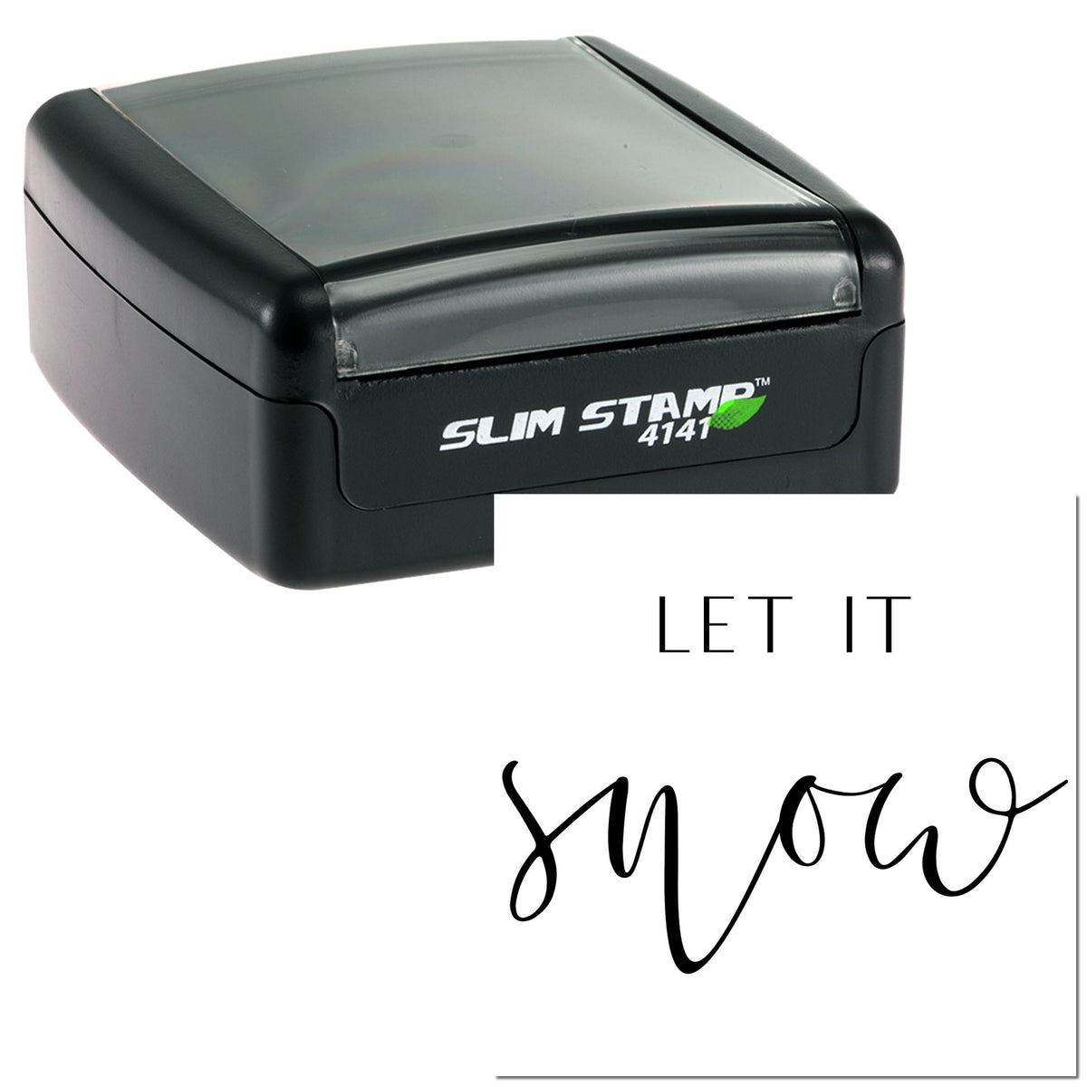 Black Slim Stamp 4141 self-inking seal with translucent gray top and sample LET IT signature imprint on white background.
