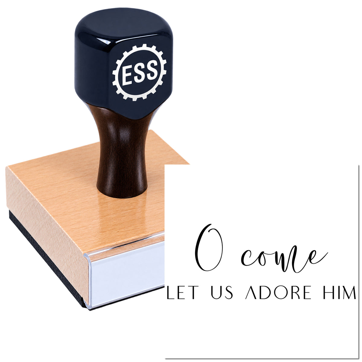 Black rubber stamp and seal set on a pink block with ESS logo and "O come let us adore Him" text.