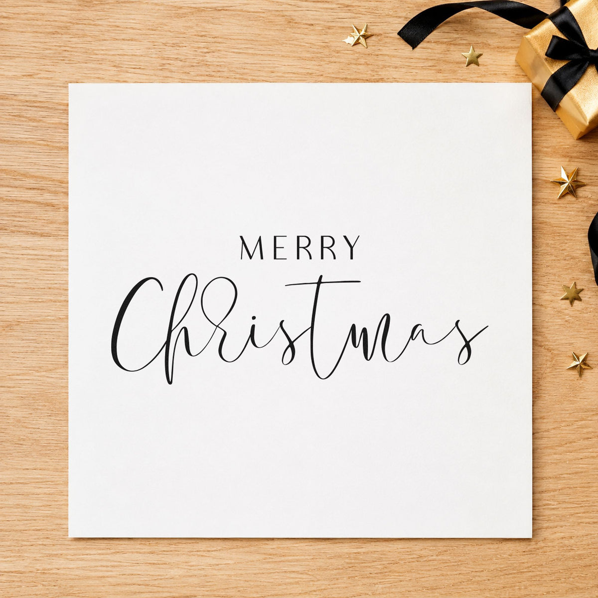 Merry Christmas Fine Script rubber stamp printed in black ink, ready for vow draft sheet and similar paper crafts.