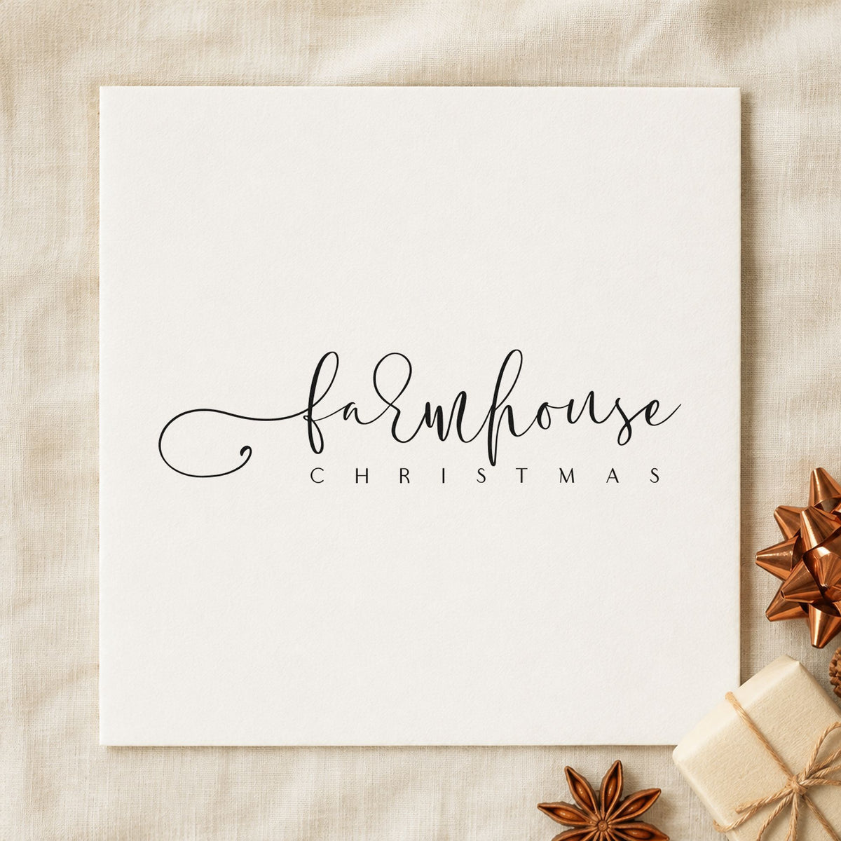 Farmhouse Christmas Fine Script rubber stamp printed in black ink, ready for decor plan sheet and similar paper crafts.
