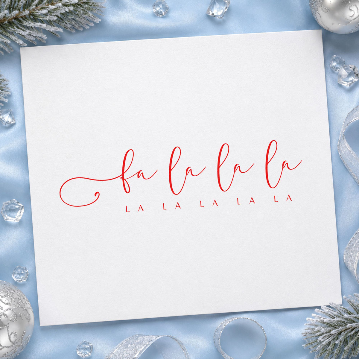 Fa La La Holiday Script craft stamp in purple ink on cardstock, an easy option for choir sash printing.