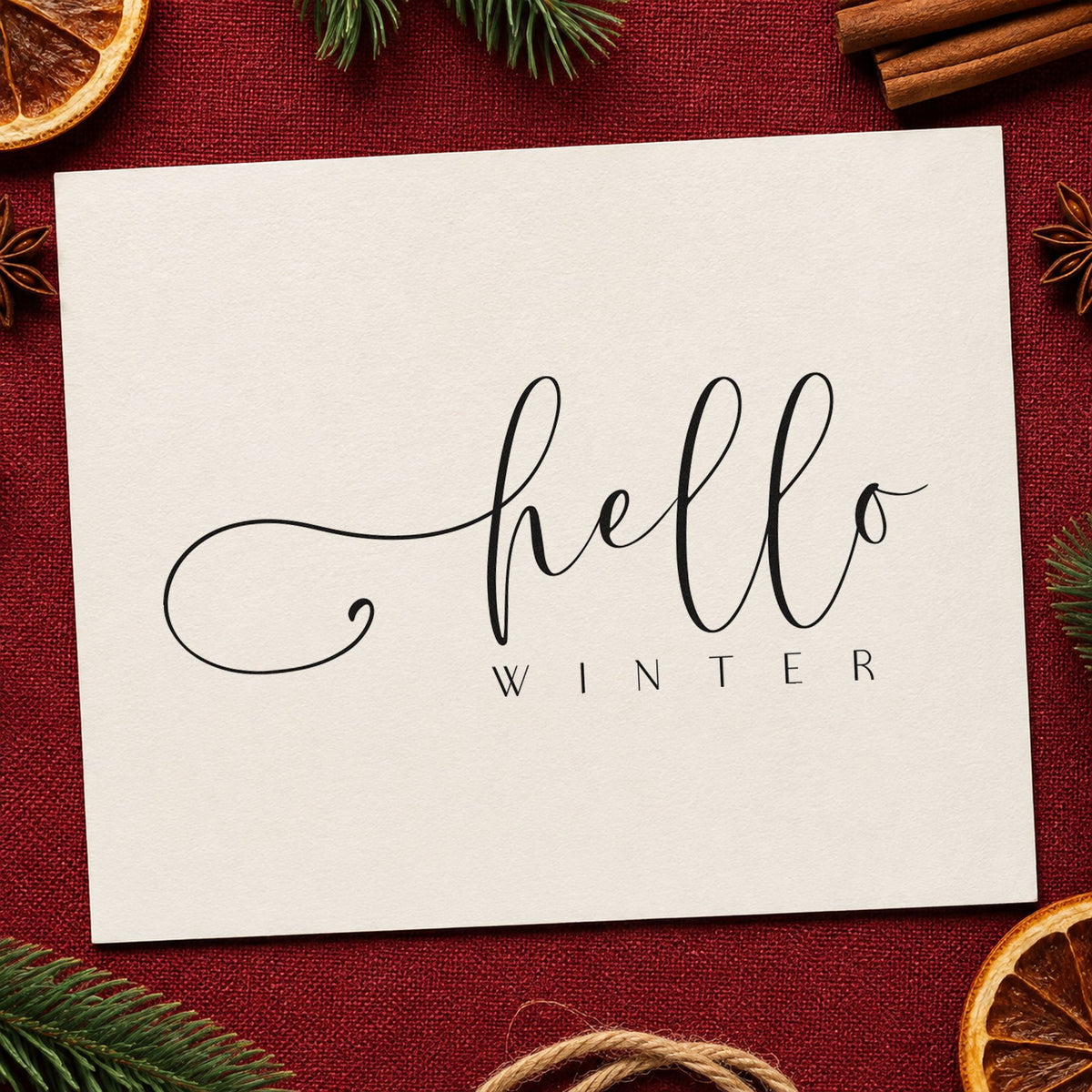 Hello Winter Fine Script rubber stamp printed in black ink, ready for range plan sheet and similar paper crafts.