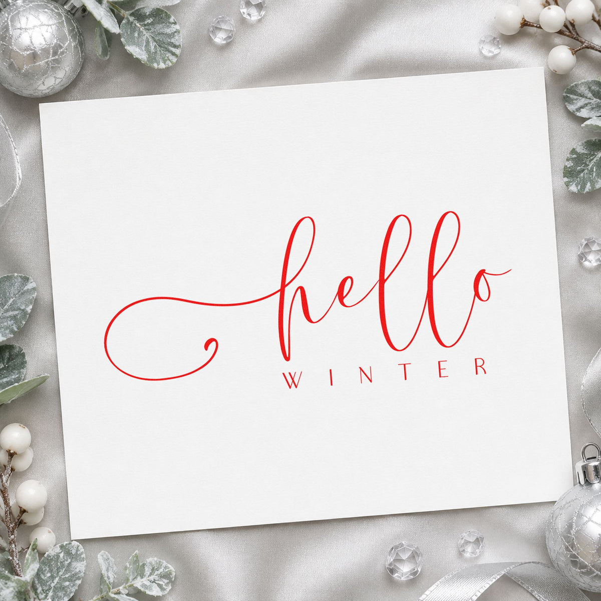 Hello Winter Fine Script craft stamp in red ink on cardstock, an easy option for calico bag printing.
