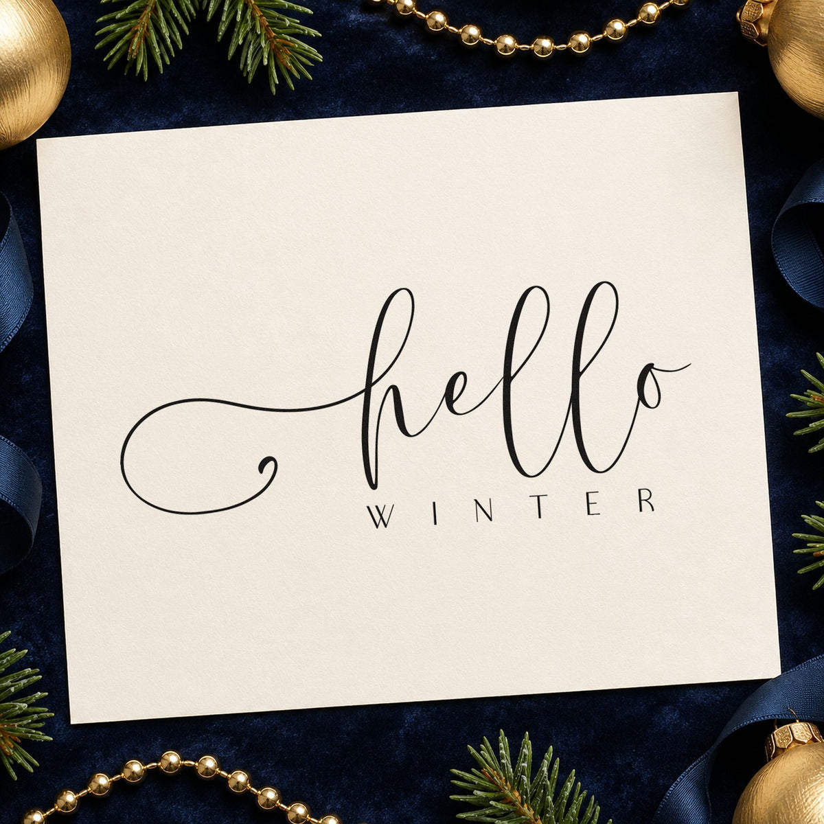 Hello Winter Fine Script rubber stamp printed in black ink, ready for wide spacing cards and similar paper crafts.