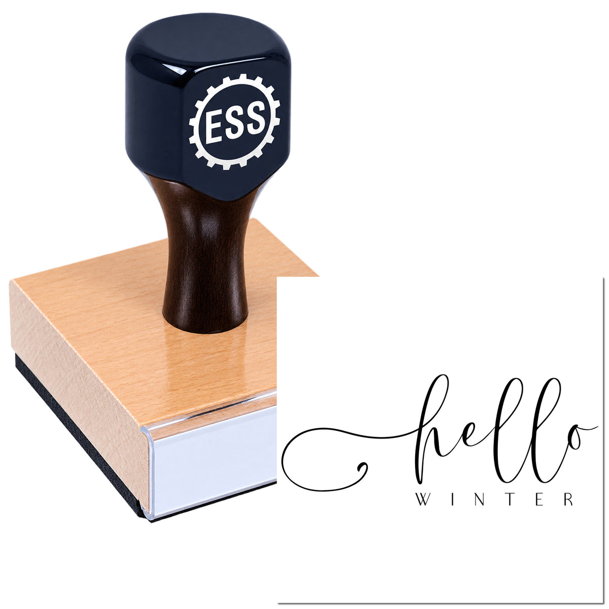 Black ESS stamp and seal with copper base, printing "hello winter" in elegant black script on a white background.