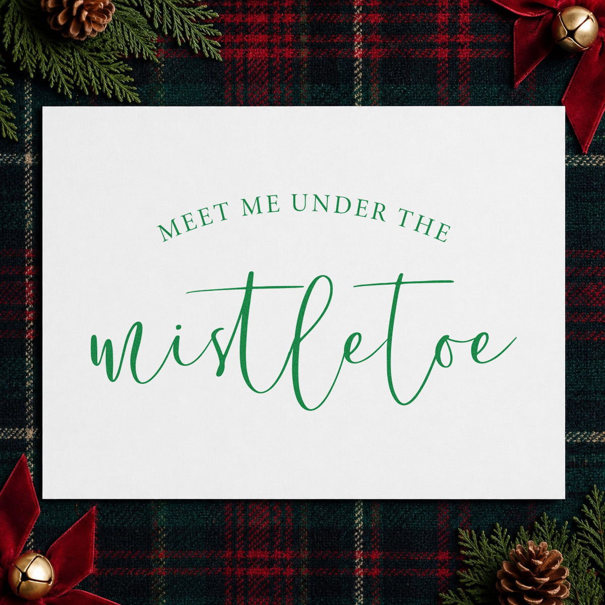 Meet Me Under Mistletoe Script craft stamp in green ink on cardstock, an easy option for curved album header.