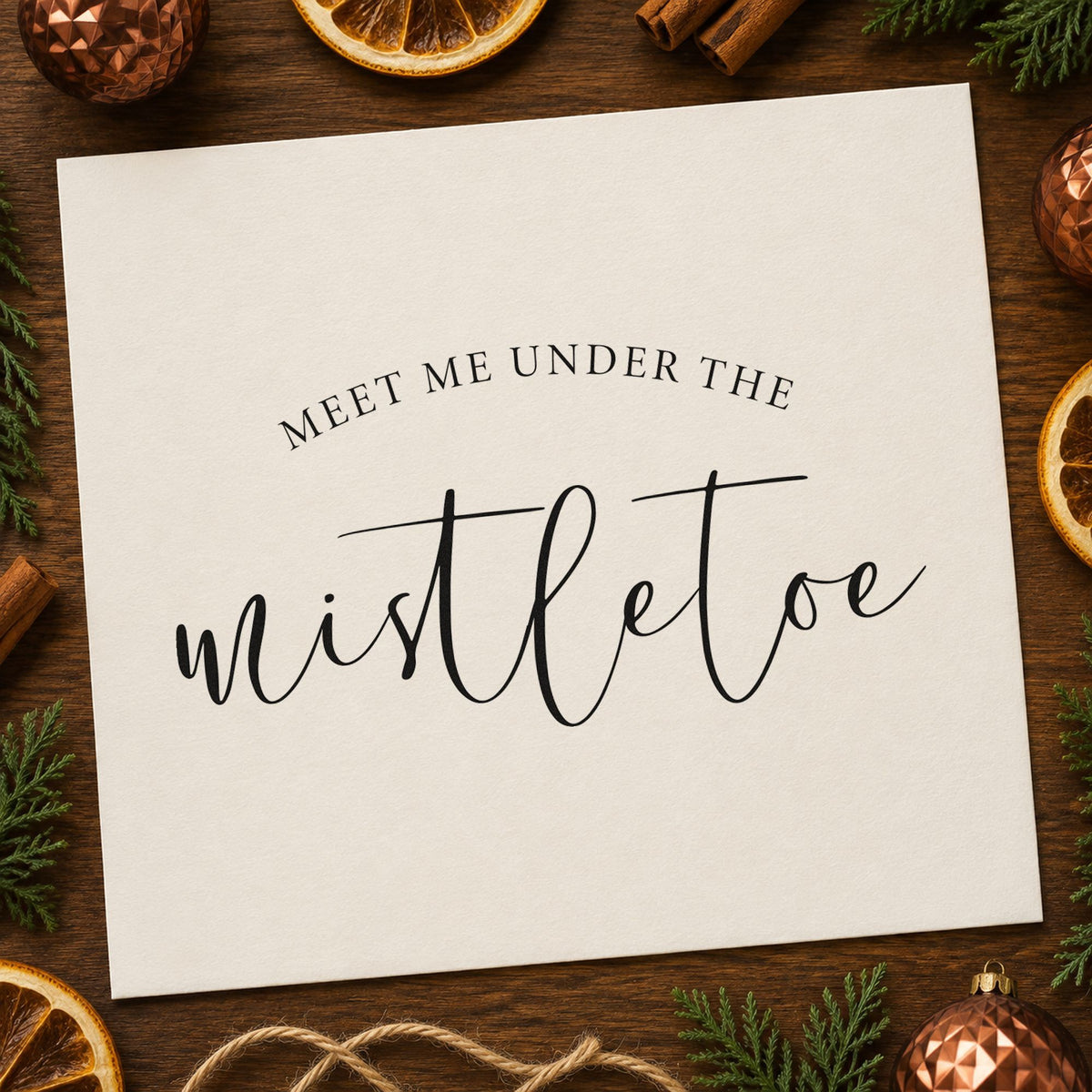 Meet Me Under Mistletoe Script rubber stamp printed in black ink, ready for arched caps cards and similar paper crafts.