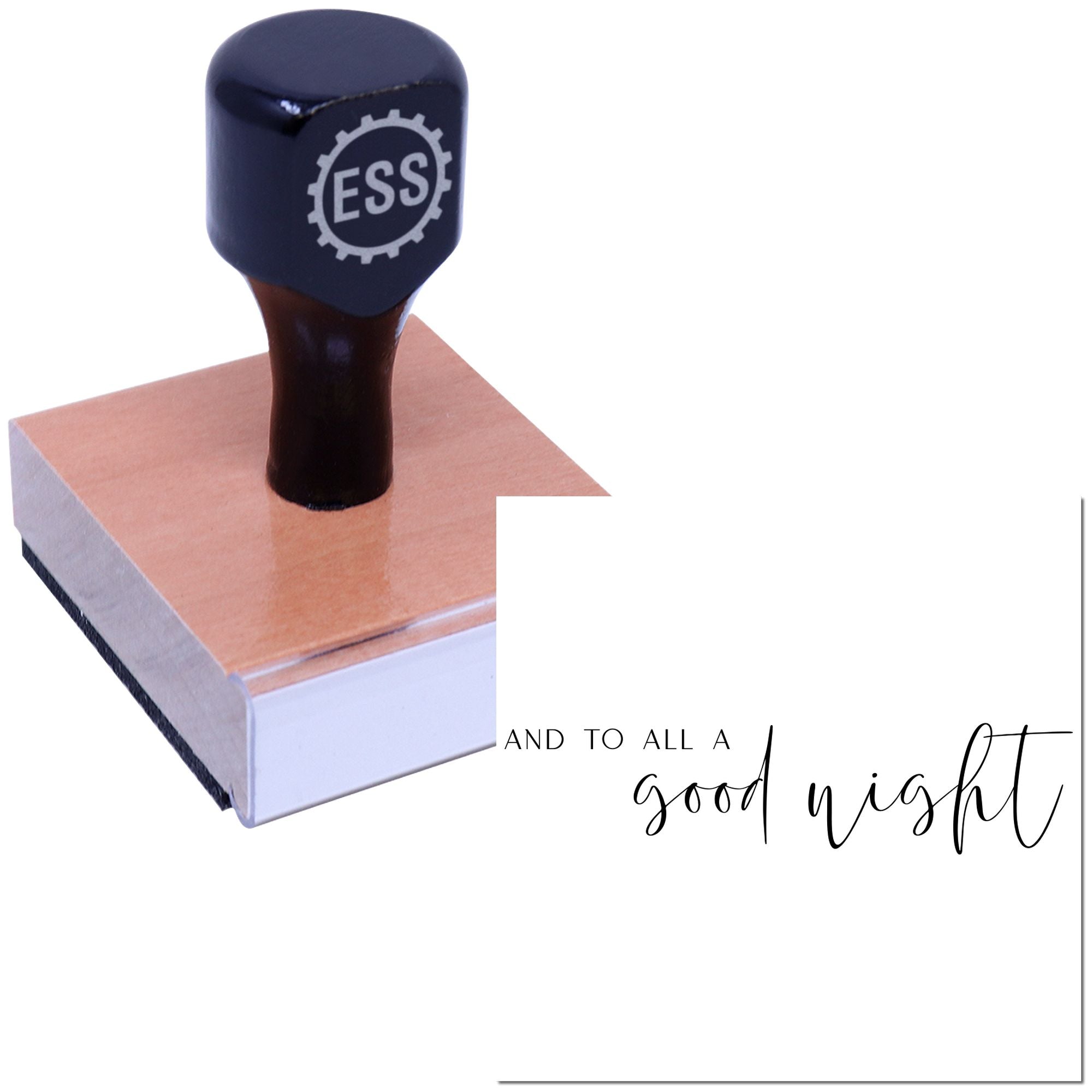 Black ESSI rubber seal stamp on a peach wax block, with AND TO ALL A good night text on white background