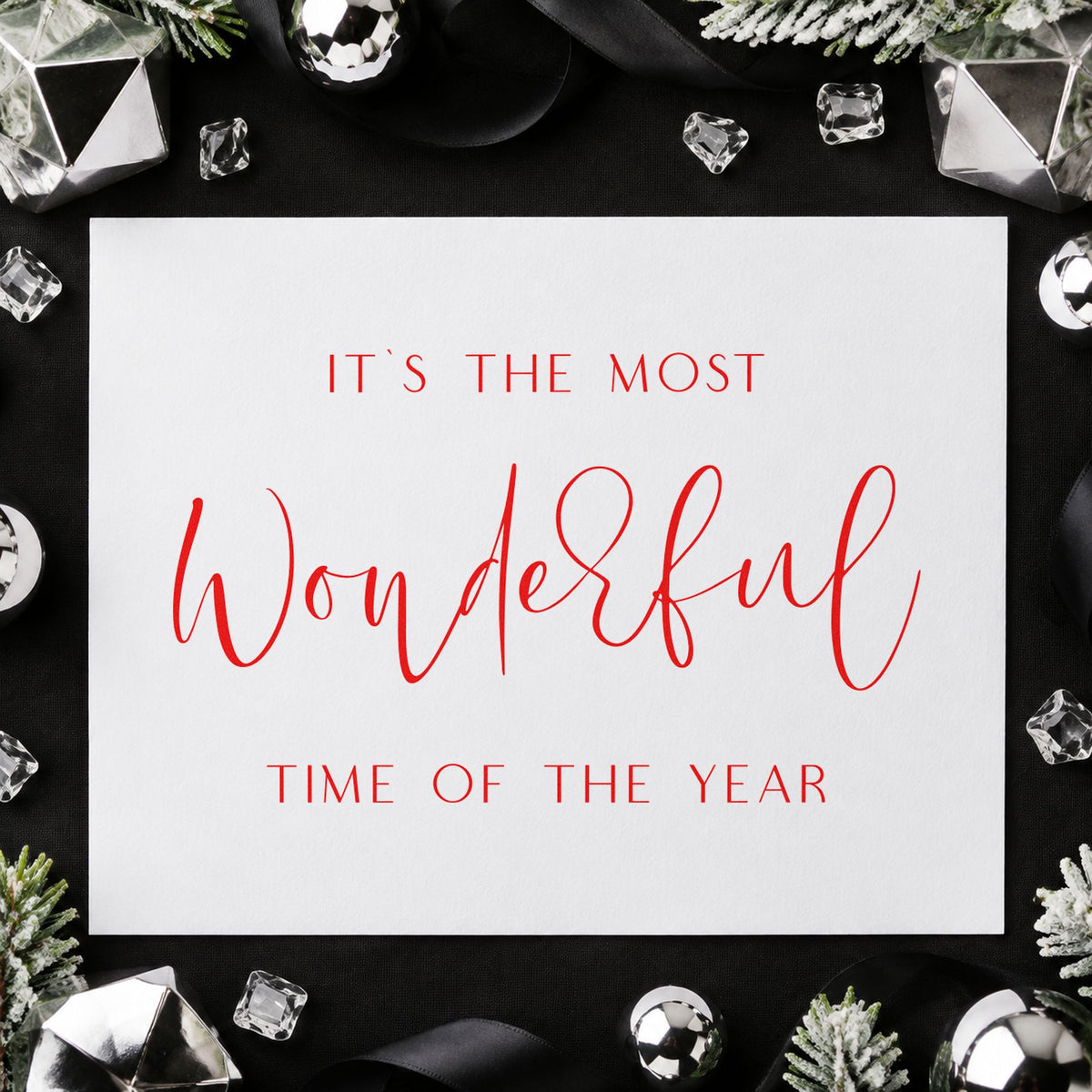 Most Wonderful Time Fine Script rubber stamp shown in red ink, stamped for projects such as bin front labels.