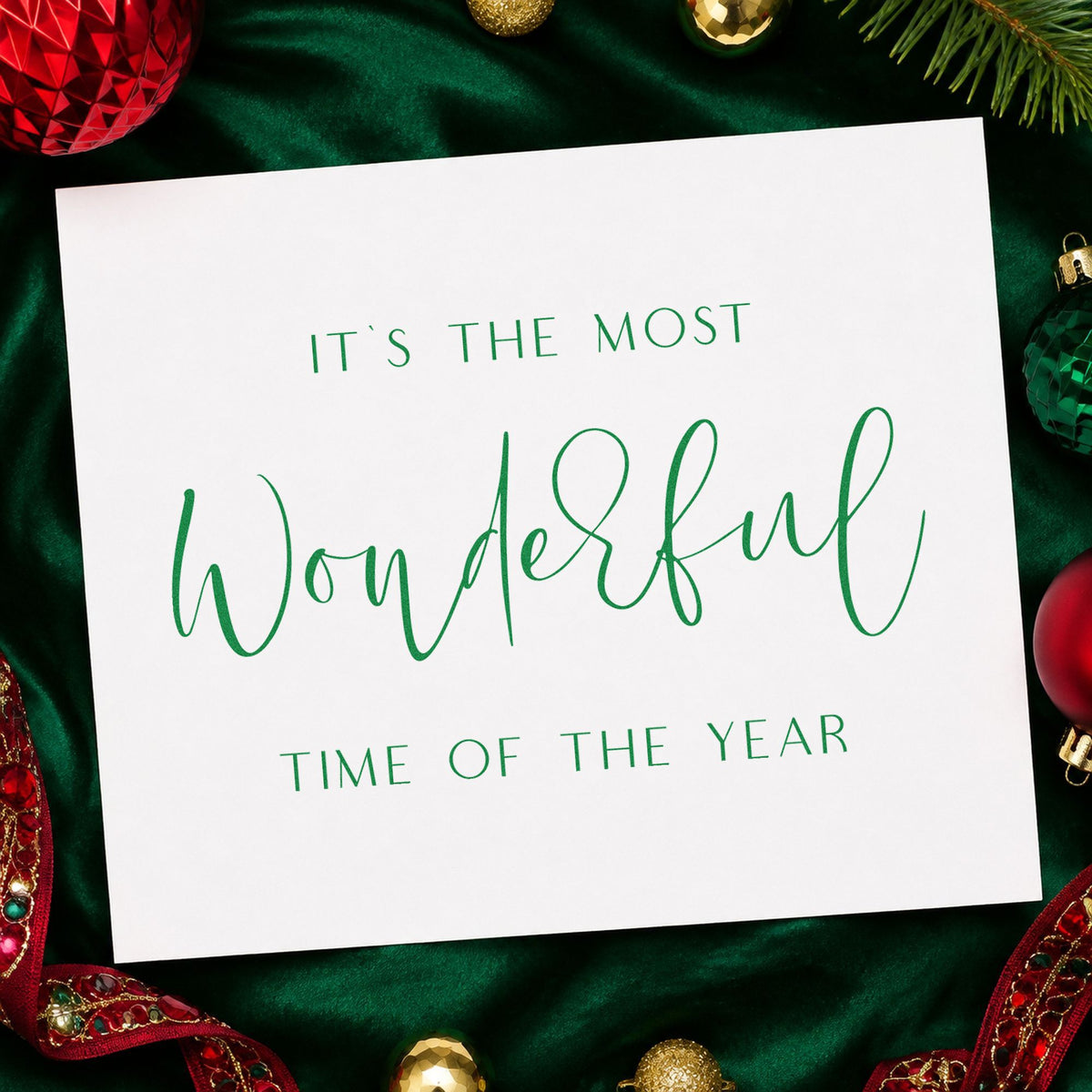 Most Wonderful Time Fine Script craft stamp imprint in green ink on a handmade project, one idea being program focus cards.
