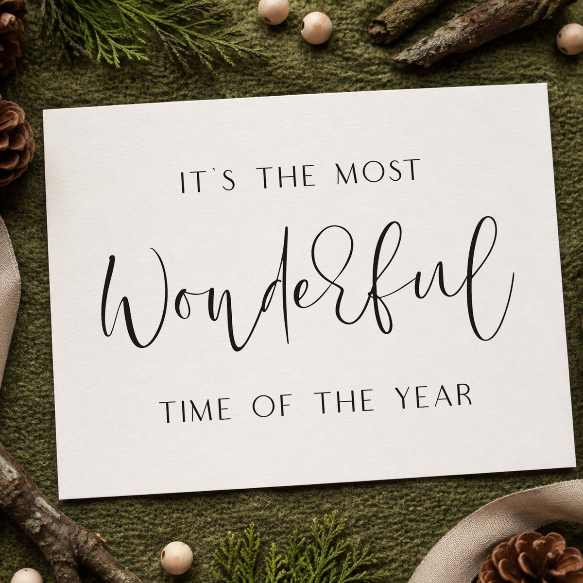 Most Wonderful Time Fine Script rubber stamp printed in black ink, ready for centered word cards and similar paper crafts.