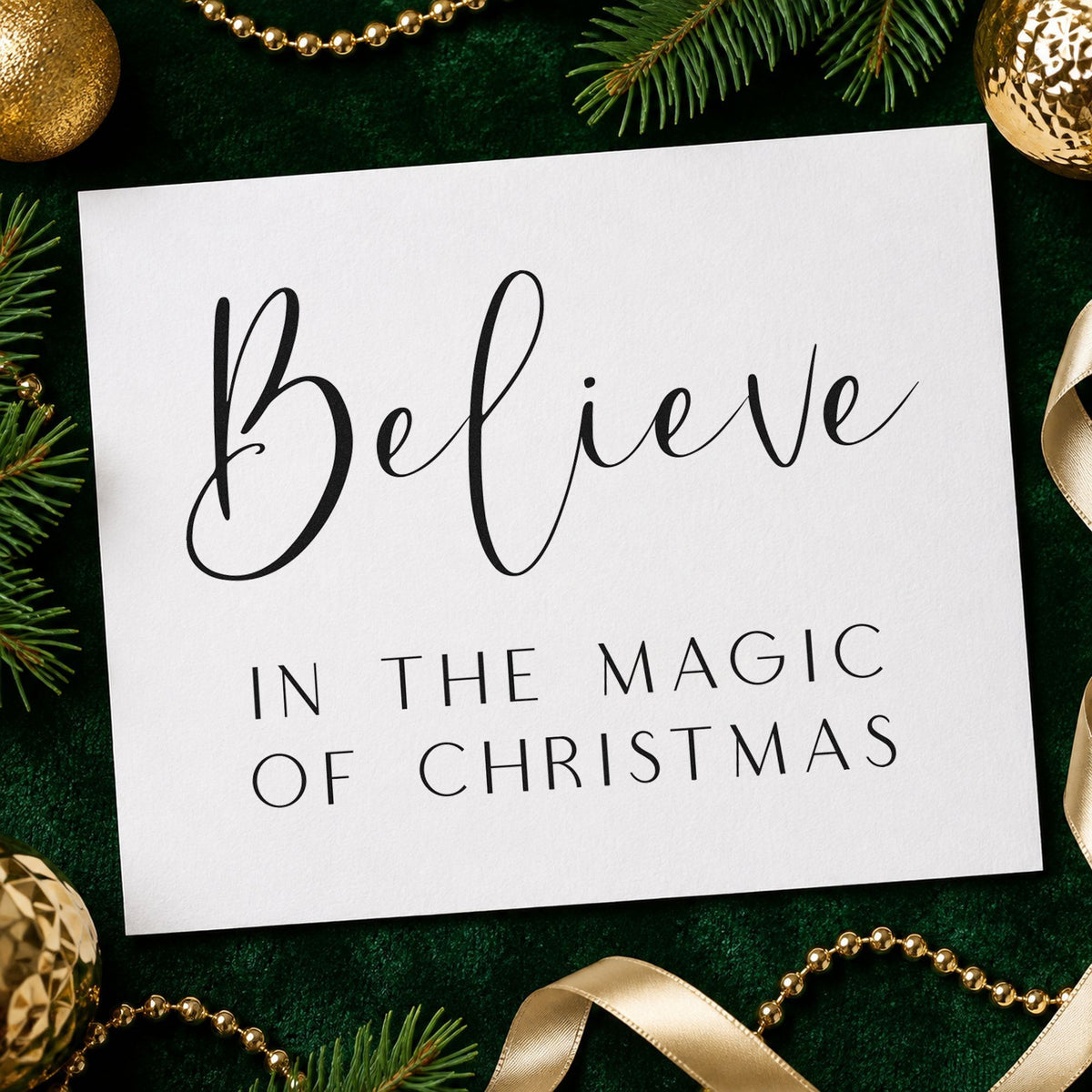 Believe In Magic Of Christmas craft stamp imprint in black ink on a handmade project, one idea being favor box gift tags.
