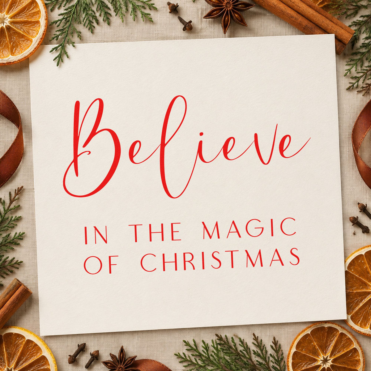 Believe In Magic Of Christmas craft stamp in red ink on cardstock, an easy option for tree skirt printing.