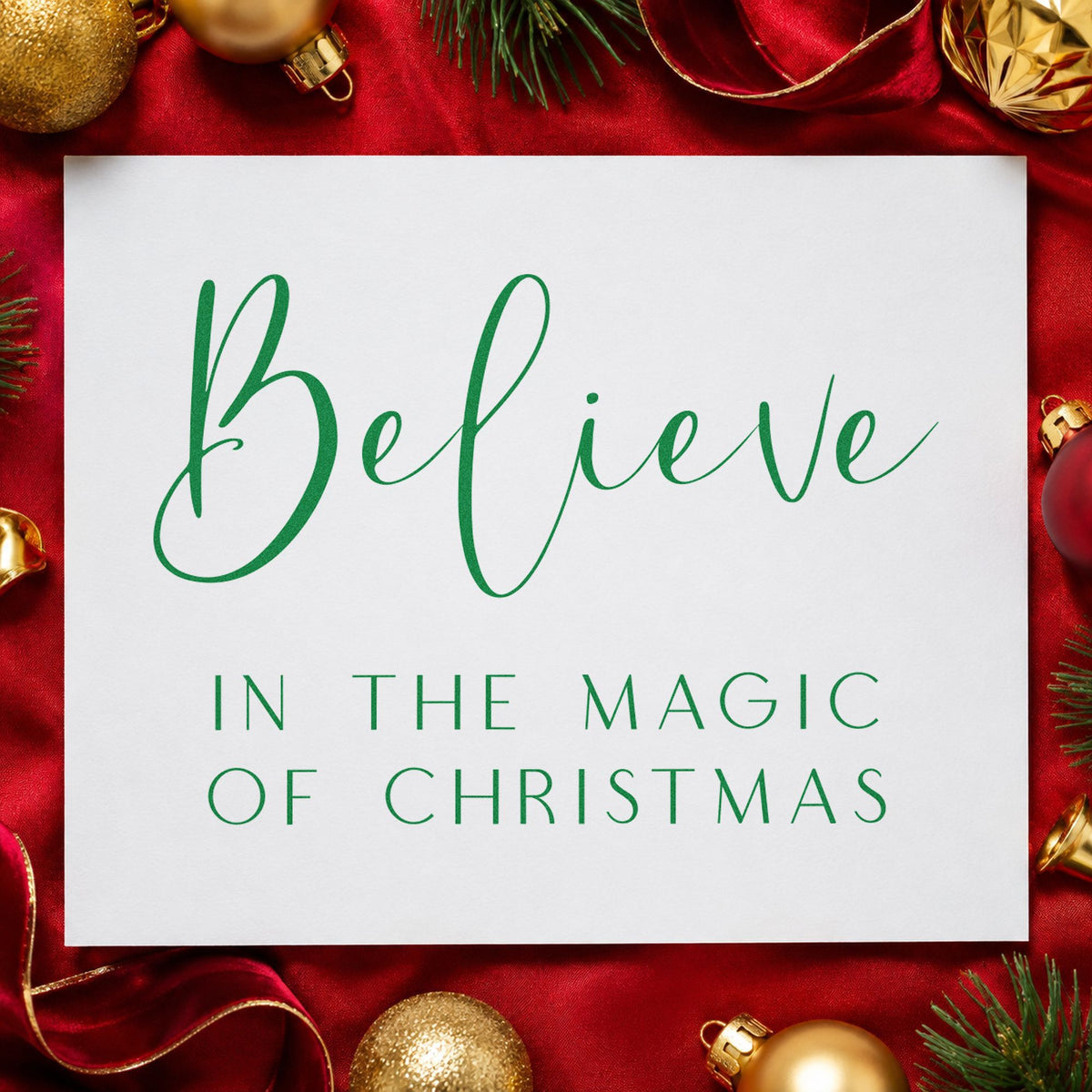 Believe In Magic Of Christmas craft stamp imprinted in green ink on paper, a design suited to framed stairwell art.
